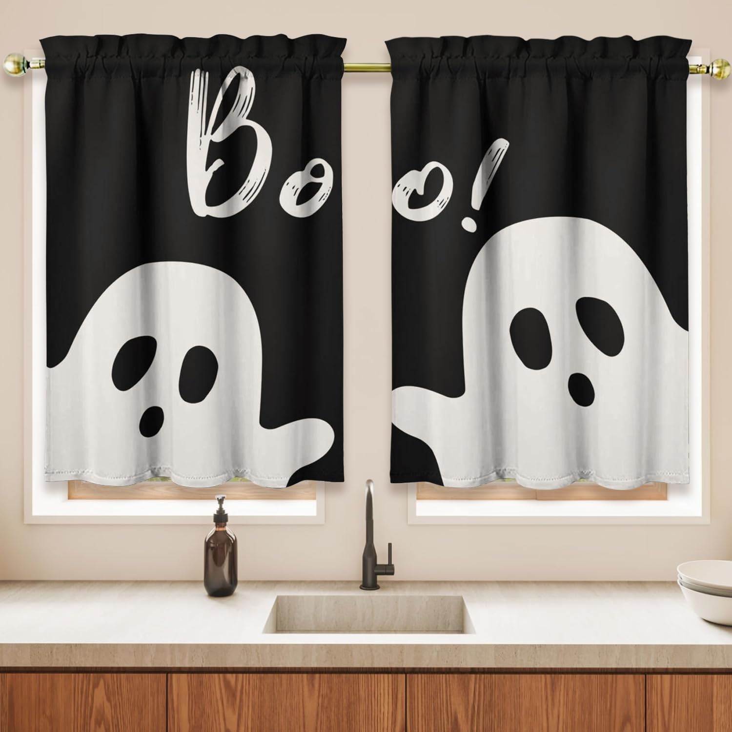 Spooky Halloween Kitchen Curtains 3-Piece Set - Ghost Design for Sink Window Decor