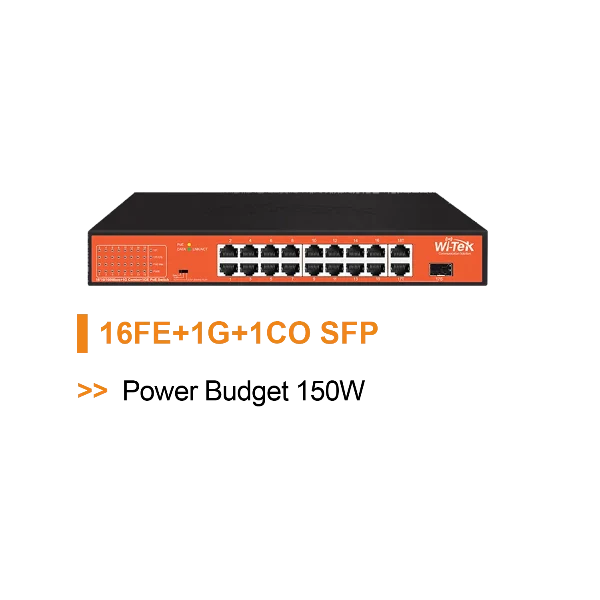 WI TEK 16 Port Gigabit PoE Switch with 150W Budget Power - Ideal for Home Office, Small Business & IP Camera Networks