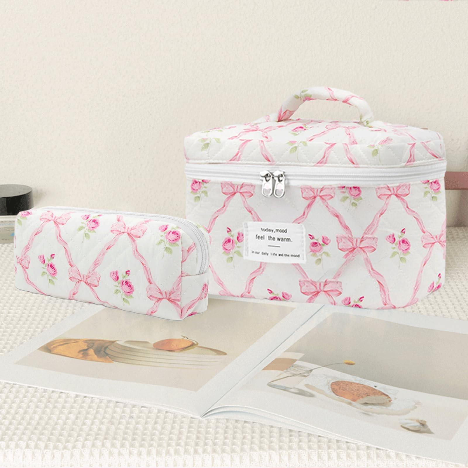 Large Quilted Floral Makeup Bag for Women & Girls - Cute Pink Bow Cosmetic Travel Organizer - Perfect for Travel, Gym, and Daily Essentials Storage