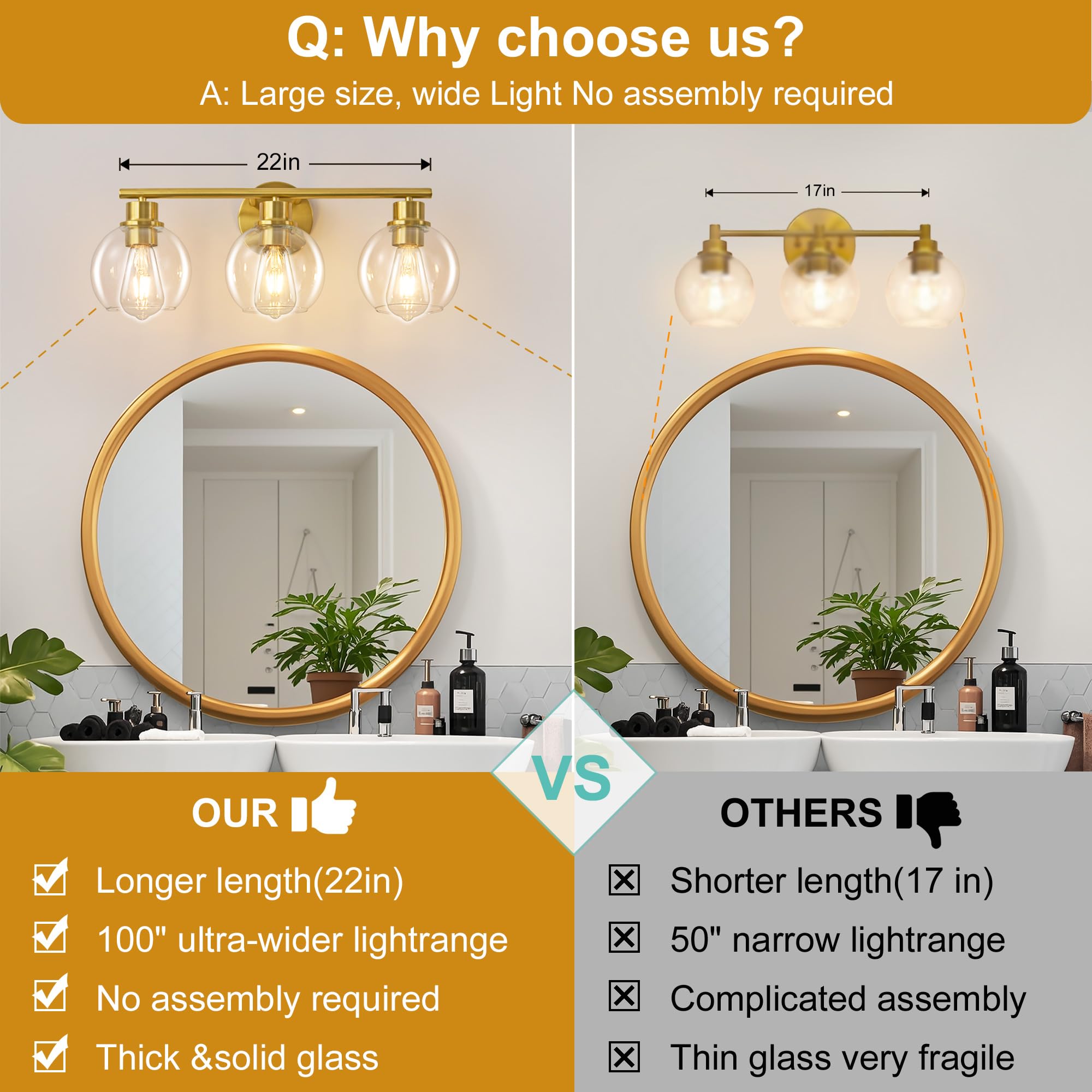 3-Light Modern Gold Bathroom Vanity Light with Clear Glass Shade - 22 Inch Wall Sconce for Mirror Lighting | Perfect for Bathroom, Powder Room and Dressing Area Illumination