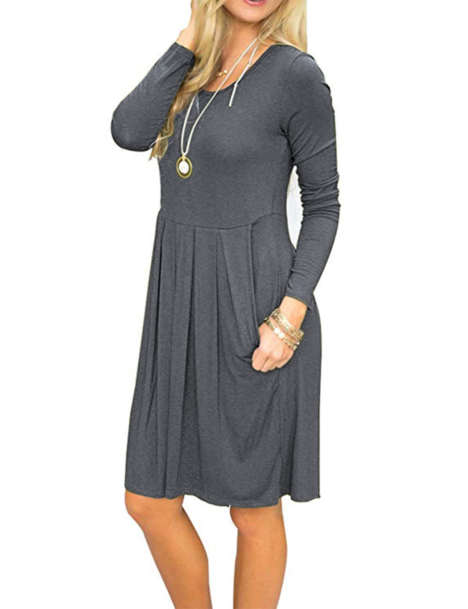 AUSELILY Women's Long Sleeve Pleated Swing Dress with Pockets - Knee Length Casual Loose Fit Dress for Everyday Wear, Office & Date Night | 2025 New Collection