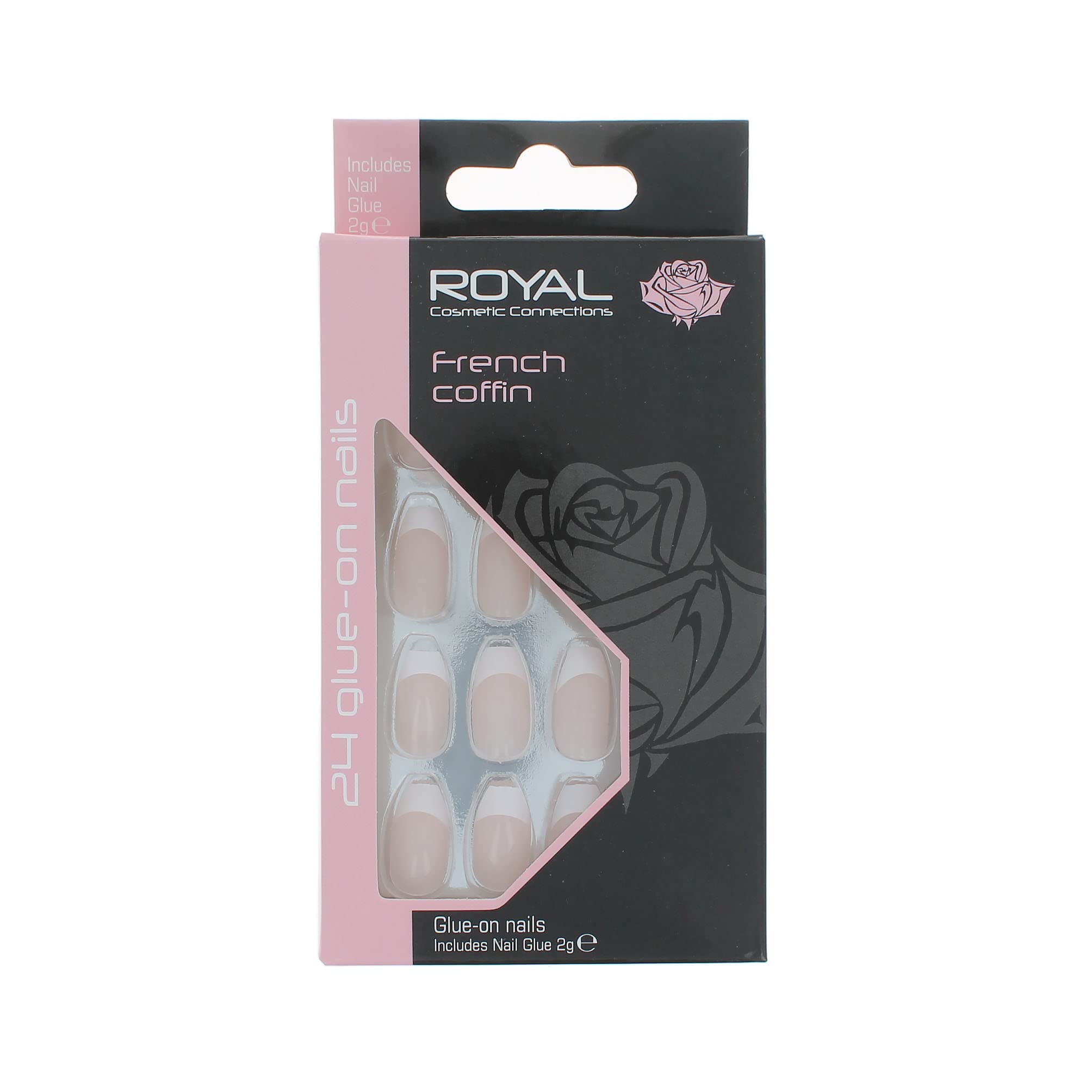 Royal 24 Coffin Glue-On False Nails - French Manicure Press On Nails Kit with Glue, Perfect for Parties, Weddings & Special Occasions
