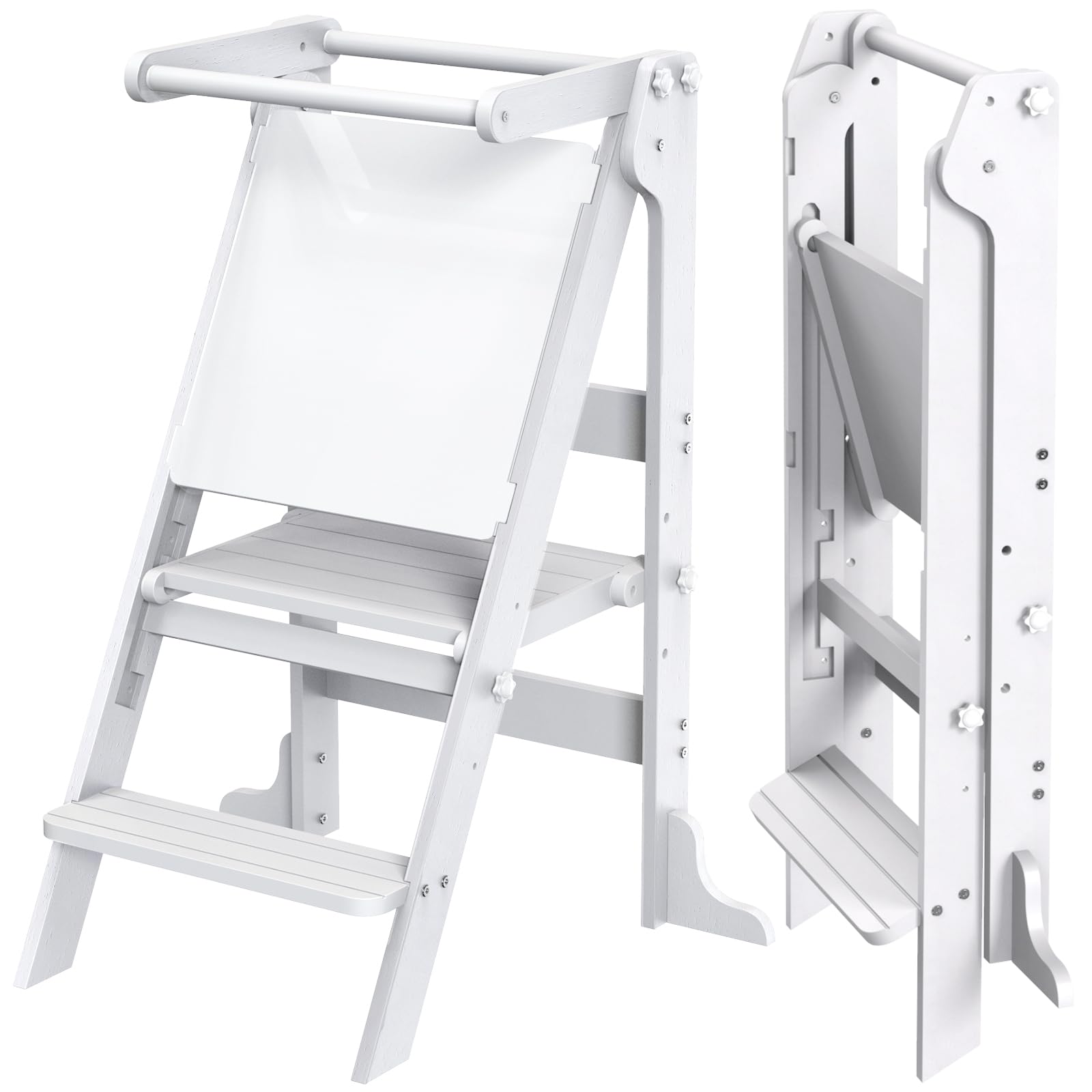 Foldable Toddler Tower with 3 Adjustable Heights & Double-Sided Drawing Board - Montessori Kitchen Step Stool with Safety Rail - Learning Stool for Kids - Standing Helper for Counter, Bathroom Sink (White) - Perfect for Cooking, Bathing & Creative Play