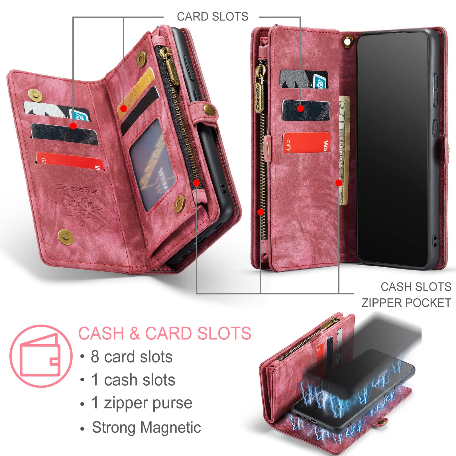 Genuine Leather Magnetic Wallet Case for Samsung Galaxy A52 4G/5G (2021) - Detachable Cover with RFID Blocking, Card Slots & Zipper Purse - Perfect for Business, Travel & Daily Protection (Red)