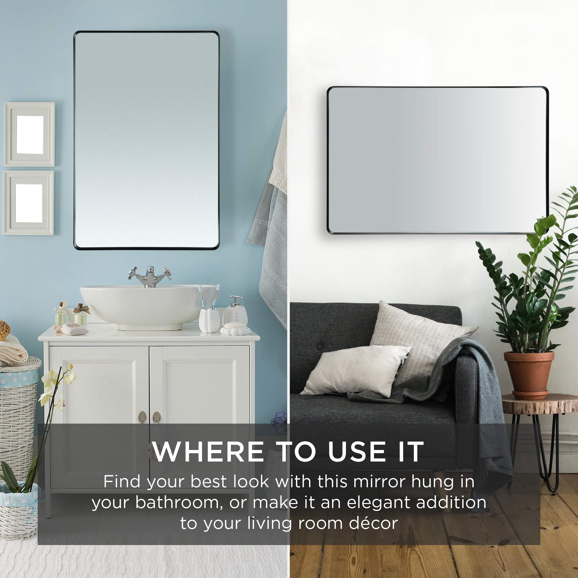 Best Choice Products 24x36 Inch Black Matte Metal Frame Wall Mirror - Rounded Rectangle Bathroom Vanity Mirror with Horizontal/Vertical Hanging Options - Perfect for Bathroom Decor, Bedroom, Dressing Room & Entryway