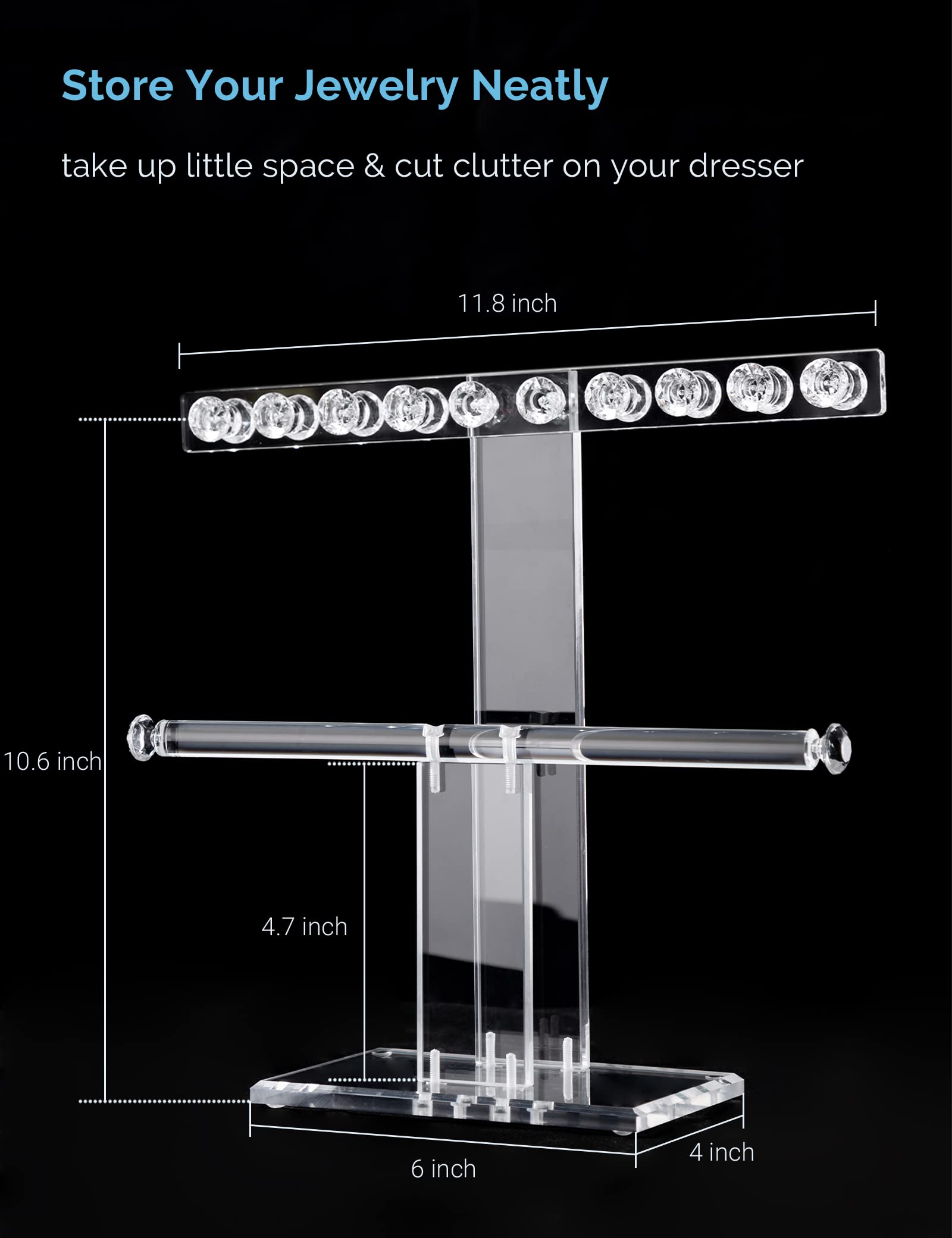 2-Tier Acrylic Jewelry Stand with 18 Diamond Hooks - Clear Necklace Organizer for Watches & Bangles - Perfect Jewelry Display & Gift for Women - Ideal for Bedroom Vanity, Boutique Store, and Wedding Jewelry Showcase