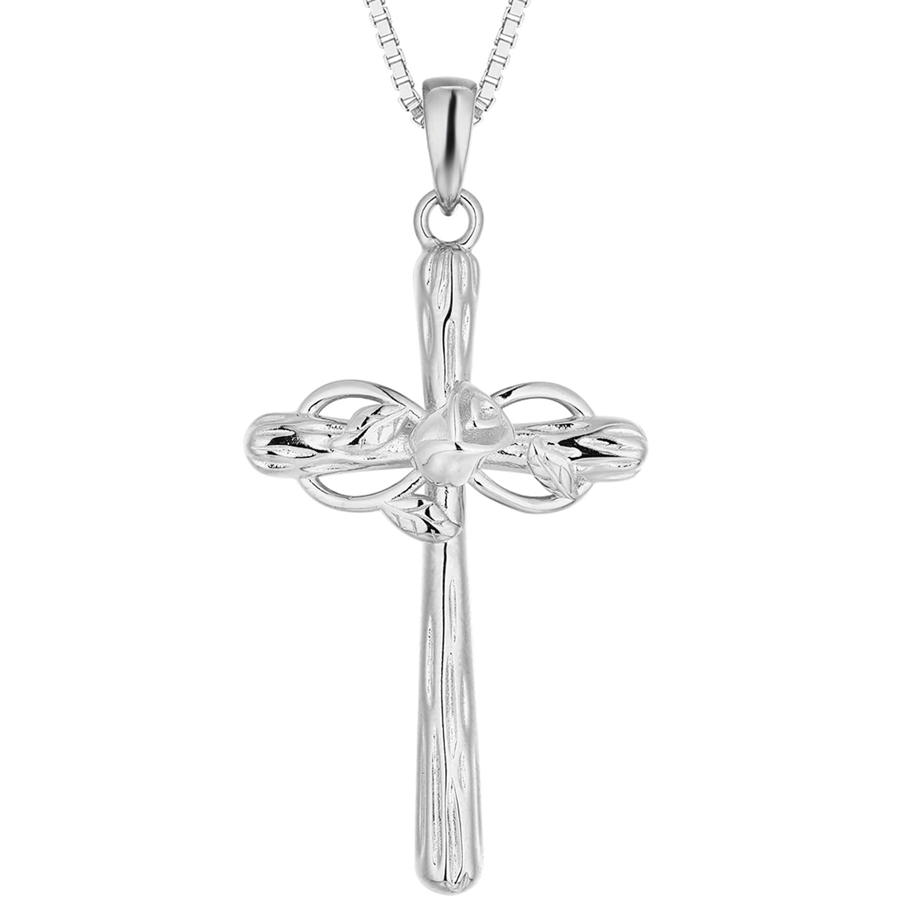 Sterling Silver Cross Necklace with Infinity Rose Charm - Elegant Christian Jewelry for Women, Baptism Gift, First Communion, Confirmation & Everyday Faith Wear
