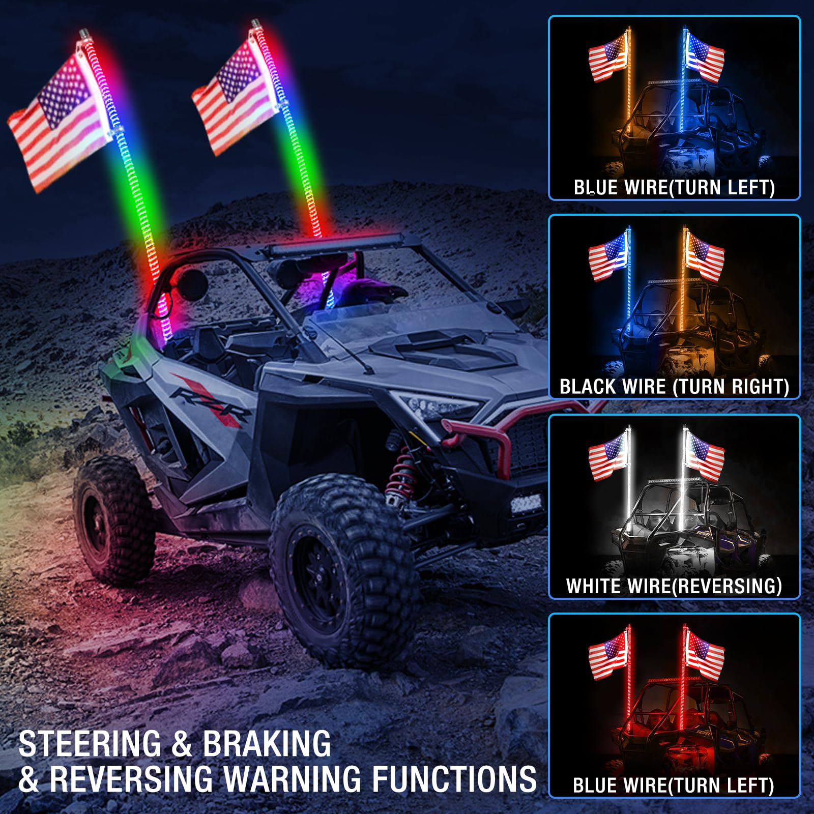 2PCS 4FT COB UTV Whip Lights - 2024 Upgraded Super Bright LED Whip Lights with RGB Chasing Effects for UTV ATV RZR SXS Can-Am Polaris - Perfect for Off-Road Night Riding & Trail Adventures