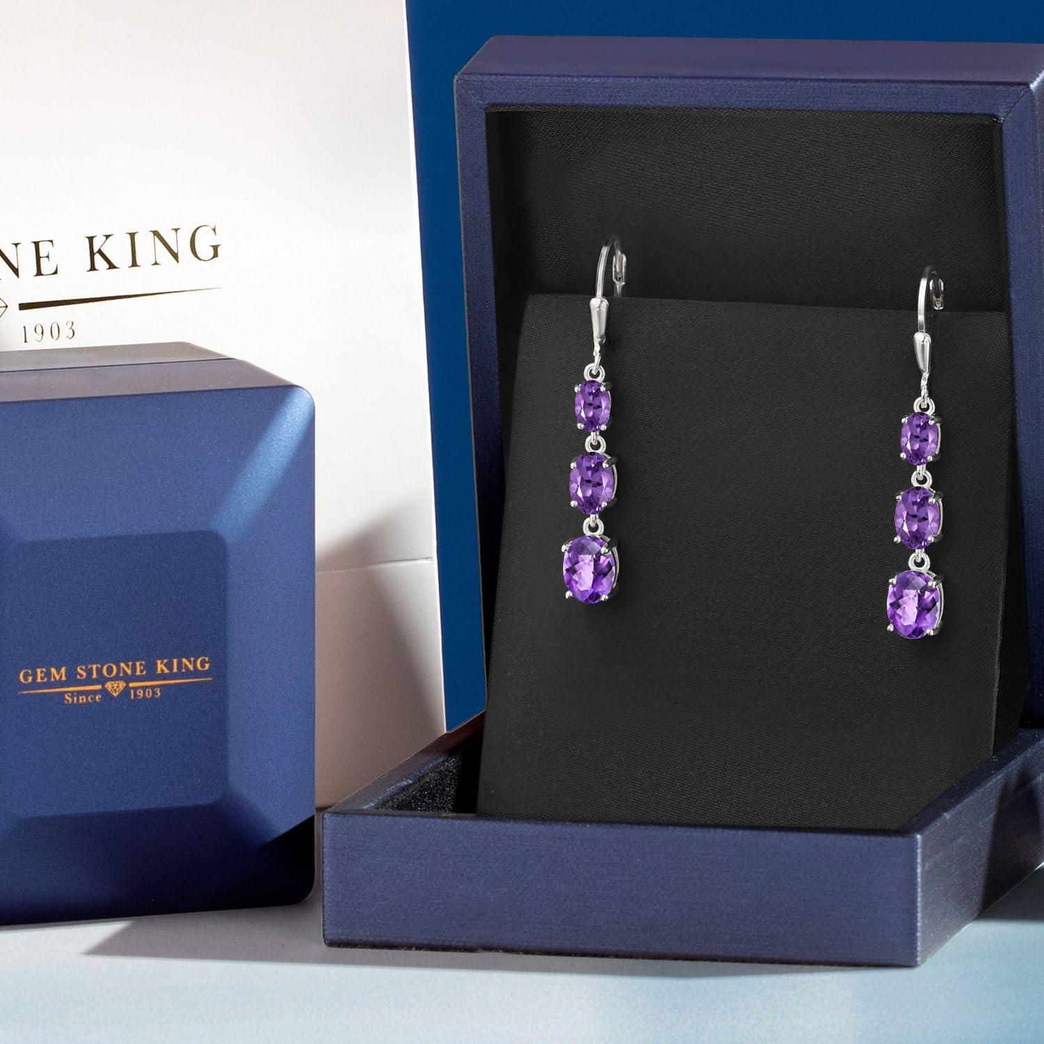 Gem Stone King 3-Stone Leverback Drop Dangle Earrings for Women - 925 Sterling Silver Birthstone Jewelry | Oval 8x6mm, 7x5mm & 6x4mm Gemstones | Elegant Gift for Mom, Wife, Her | Perfect for Weddings, Anniversaries & Special Occasions