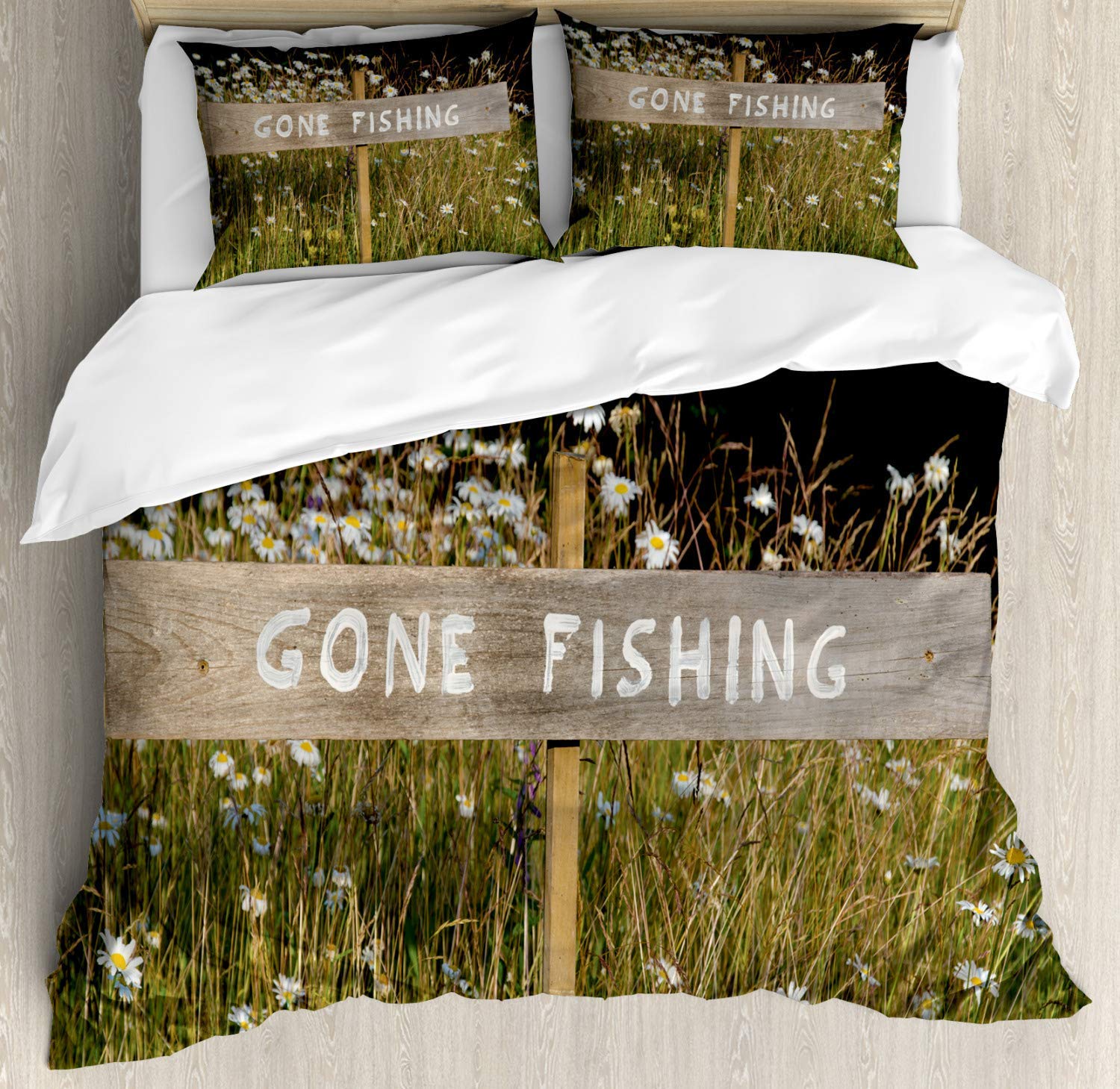 3-Piece All-Season Comforter Set - Twin Size Fishing Theme Duvet Cover with Summer Daisy Floral Field Design | Machine Washable Bedding for Cozy Bedrooms & Guest Rooms