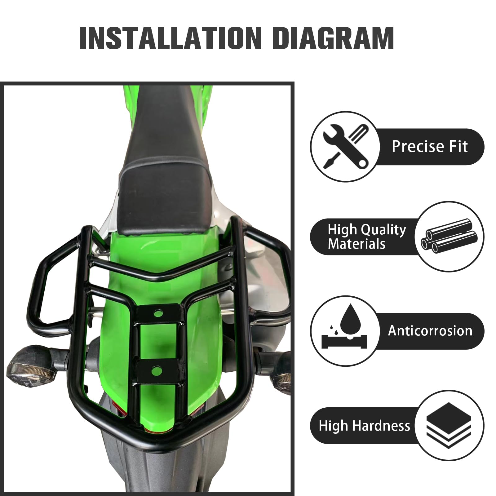 Kawasaki KLX230 KLX230 Rear Cargo Rack (2020-2022) - Heavy Duty Black Steel Motorcycle Luggage Shelf with Hand Grip Rail Bar | Perfect for Adventure Riding & Off-Road Storage