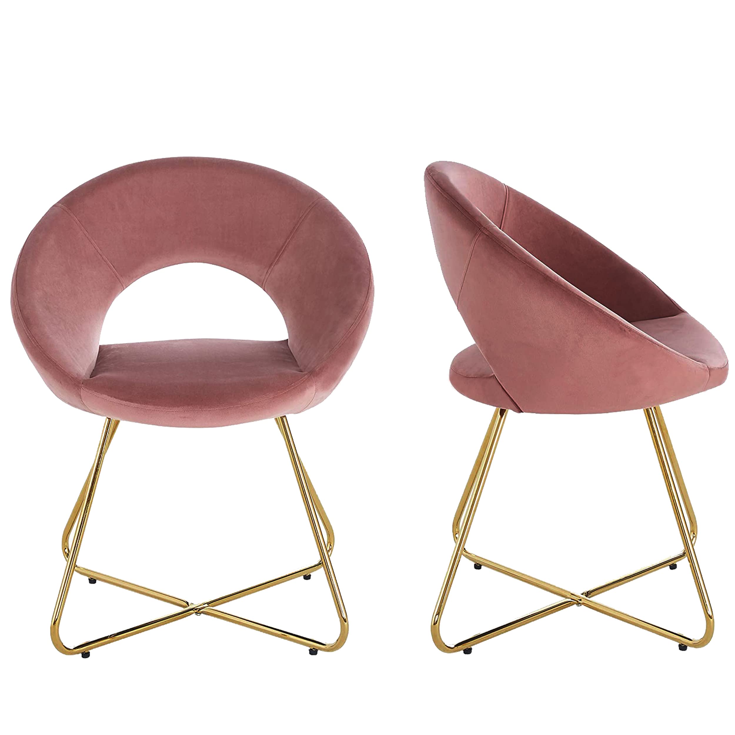 Luxury Velvet Accent Chairs Set of 2 - Modern Upholstered Comfortable Desk Chairs with Gold Base for Living Room, Bedroom & Dining Room | Perfect as Vanity Chair, Makeup Chair or Home Office Seating (Pink Velvet)