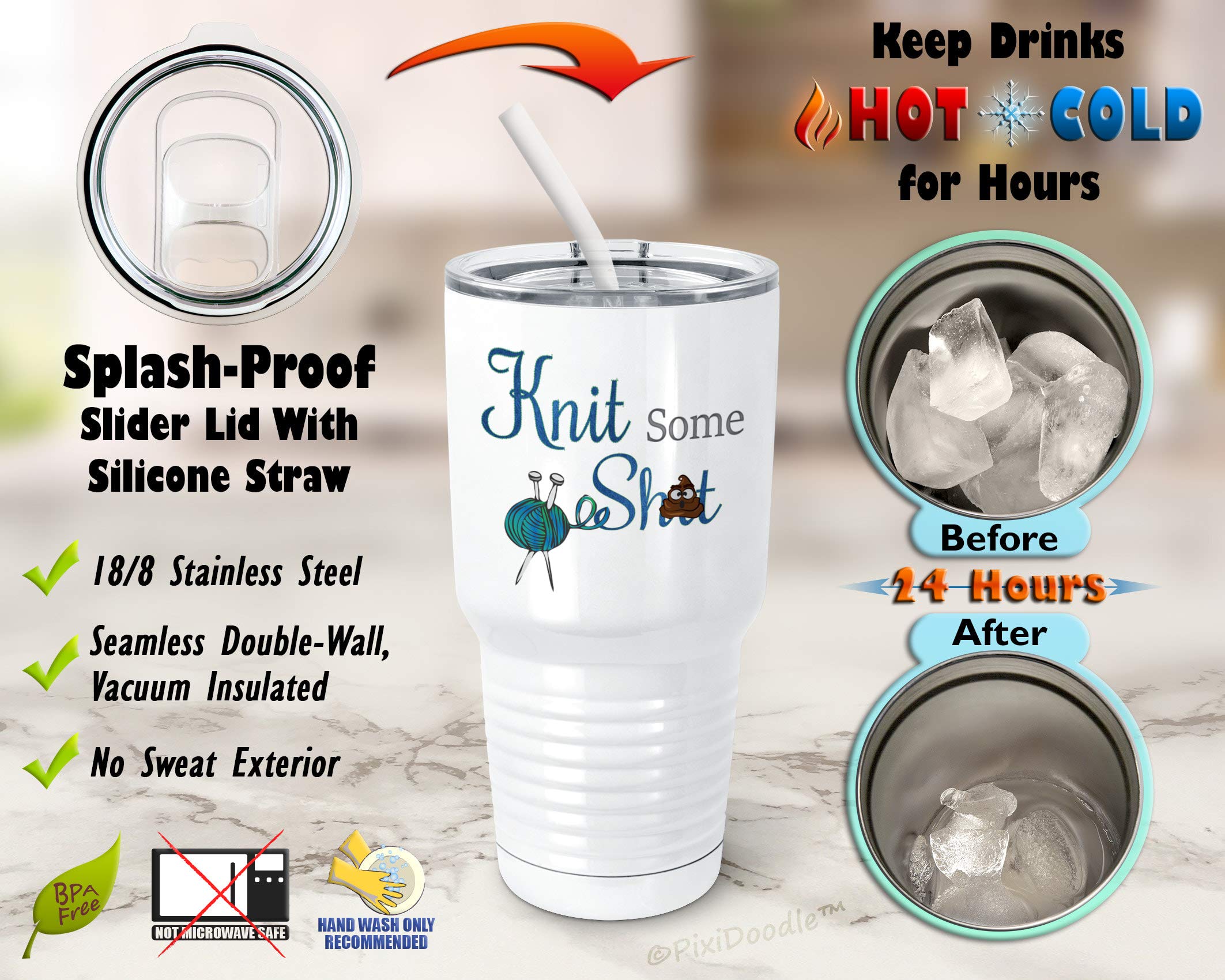 PixiDoodle Knitters Swearing Tumbler - 30 oz Insulated Stainless Steel Cup with Spill-Proof Lid & Silicone Straw - Perfect for Knitting, Crafting, Coffee & Tea (White)