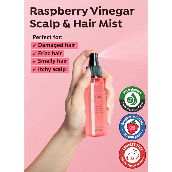 A'PIEU Raspberry Vinegar Hair Mist 105ml - Hydrating & Shine Enhancing Hair Spray for Dry & Damaged Hair - Perfect for Daily Use, Styling & Frizz Control