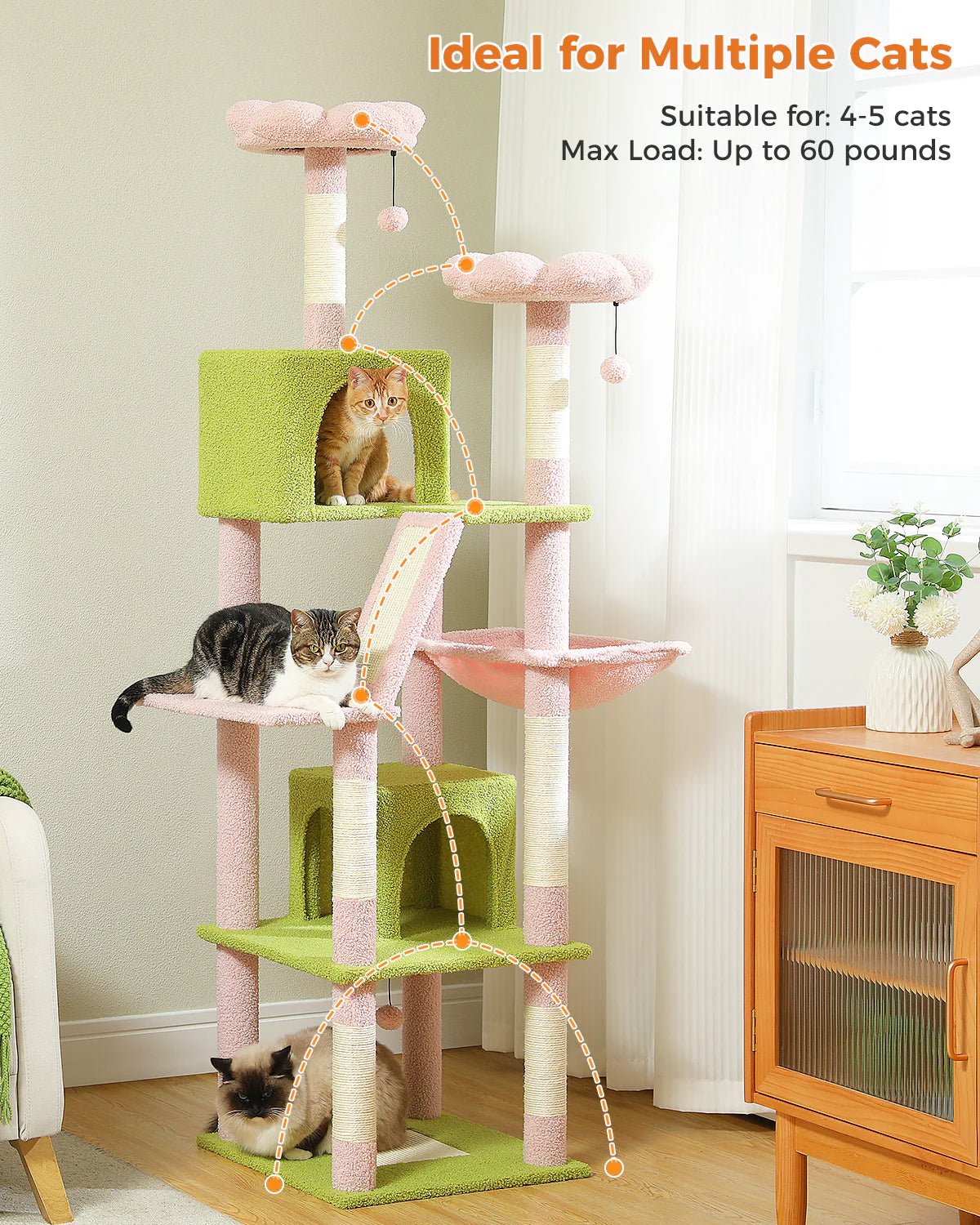 180cm Pink Cat Tree Tower Condo with Scratching Posts - Large Flower Design Cat Climbing Furniture for Indoor Cats - Perfect for Play, Rest & Scratch in Living Room or Bedroom