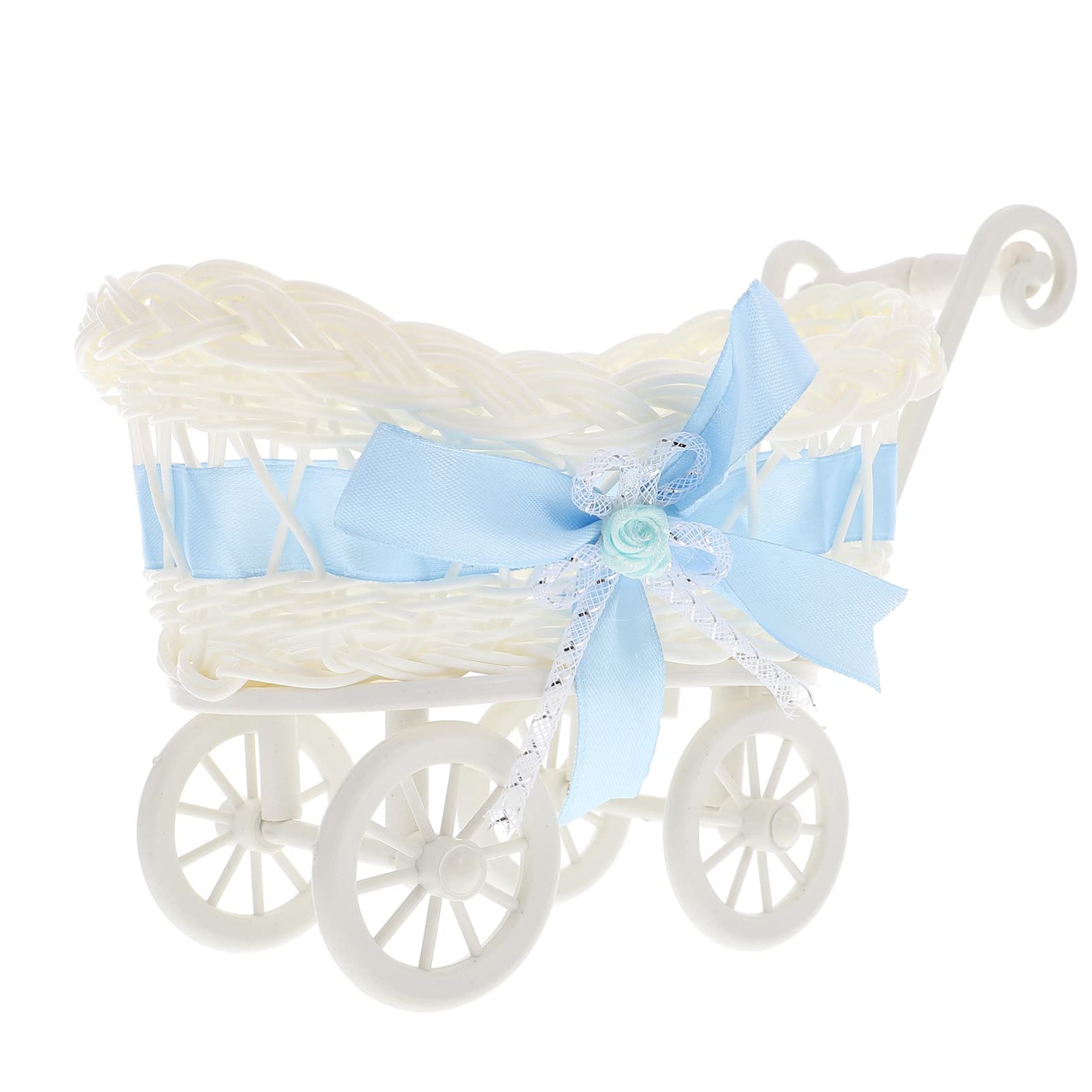 NUOBESTY Vintage Wicker Doll Stroller - Mini Shopping Cart & Supermarket Handcart with Woven Storage Basket - Perfect for Baby Shower, Wedding Party, Desk Organization & Kids Role Play (Sky Blue) | Ideal for Pretend Play, Nursery Decor & Gift Giving