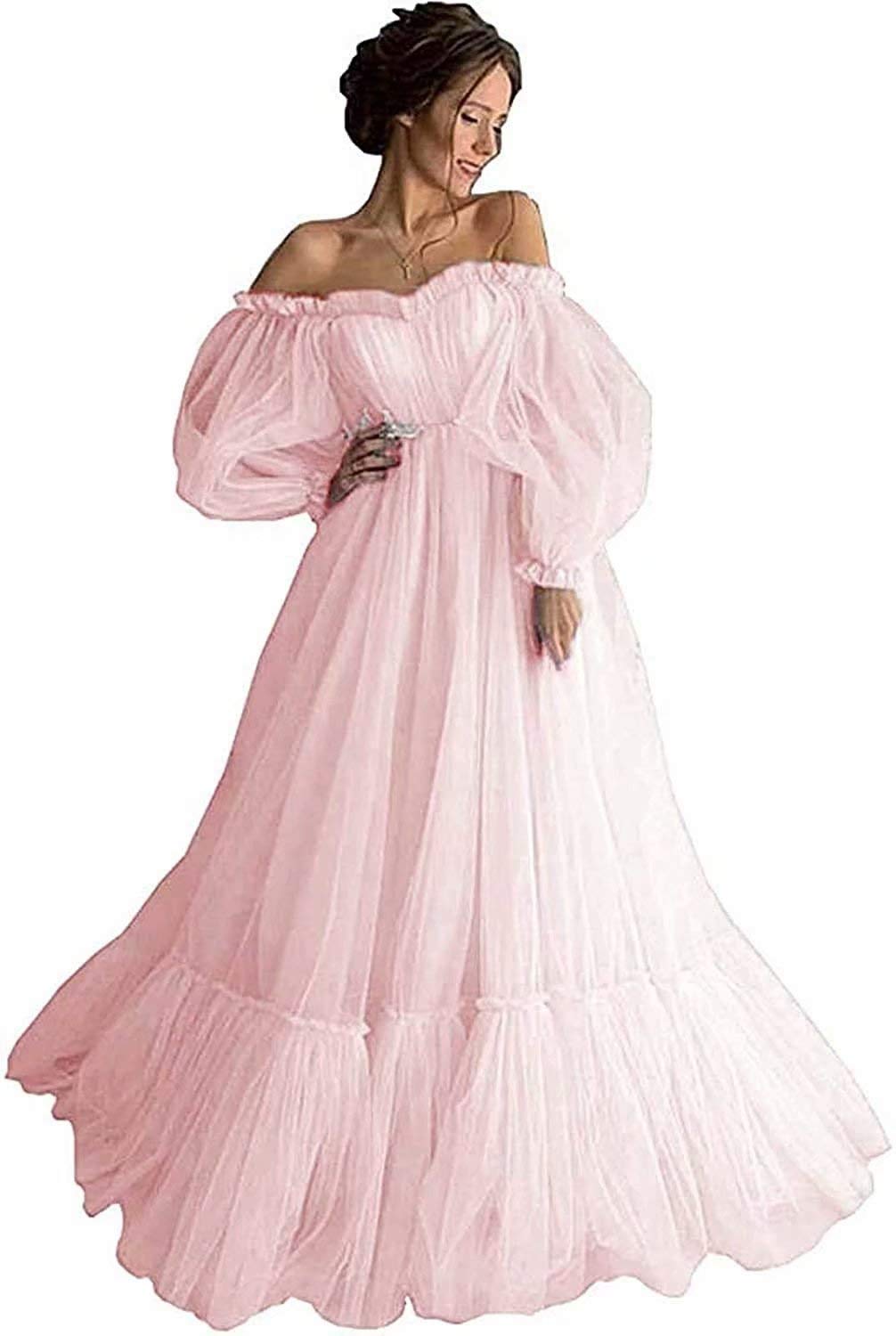 Elegant Off Shoulder Long Ruffle Sweetheart Tulle Ball Gown with Puffy Sleeves - Women's Prom Dress for Formal Events, Weddings & Special Occasions