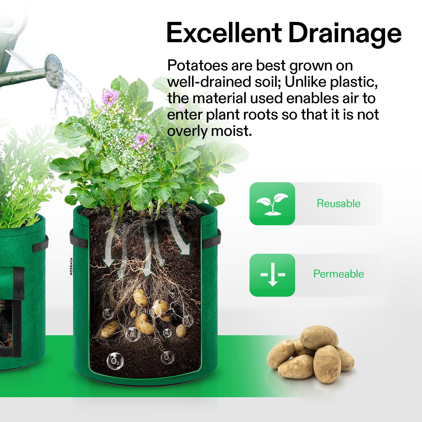 VIVOSUN 5-Pack 7 Gallon Potato Grow Bags with Handles & Roll-Up Window - Breathable Fabric Planters for Growing Potatoes, Vegetables & Herbs - Ideal for Indoor/Outdoor Gardening, Balcony & Patio Use