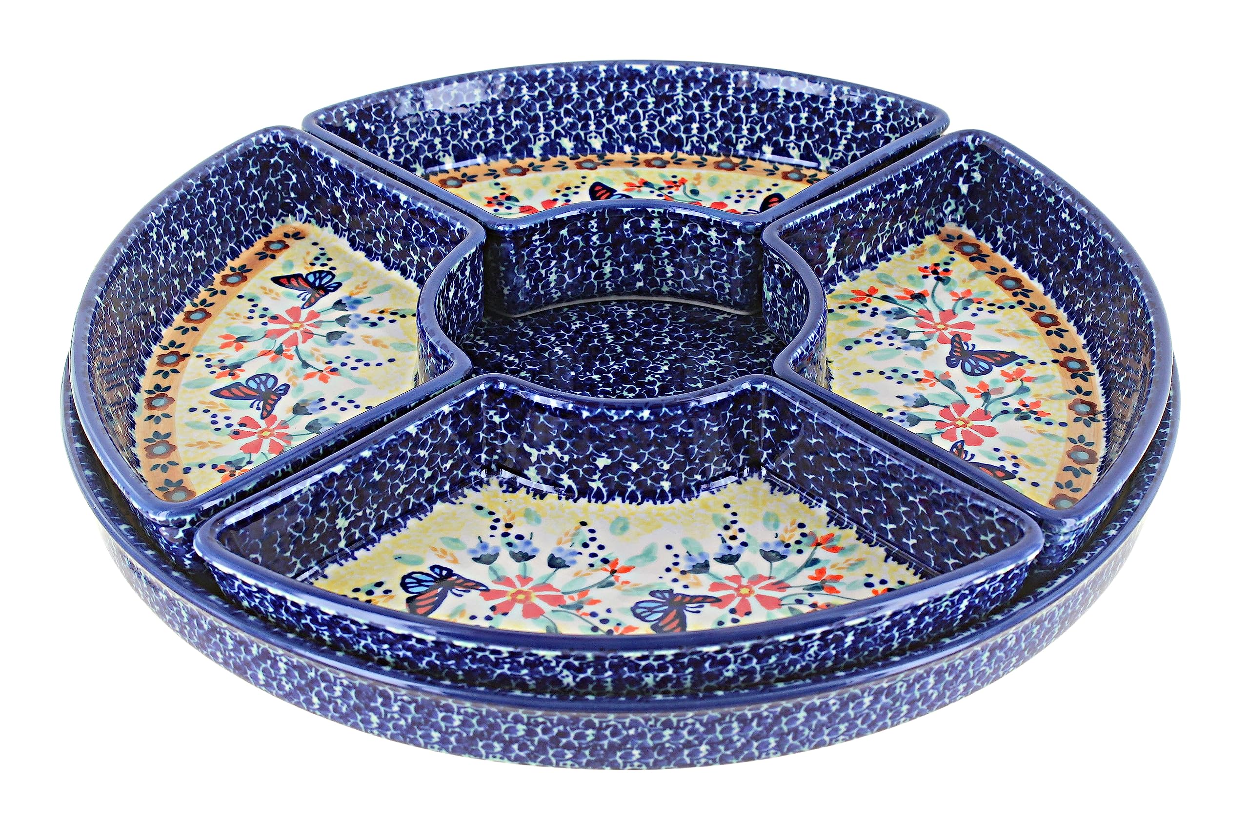 Handmade Blue Rose Polish Pottery Butterfly Tray Set with 4 Matching Plates - Elegant Serving Tray for Tea Party, Home Decor, and Gift Giving