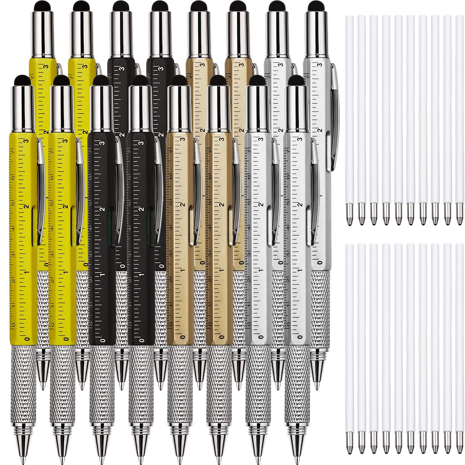 16-in-1 Multitool Pen with Ruler, Level Gauge & Ballpoint - Gold/Black/Silver/Yellow - Perfect Gift for Men, Professionals & DIY Enthusiasts - Great for Office, Workshop, Camping & Everyday Carry