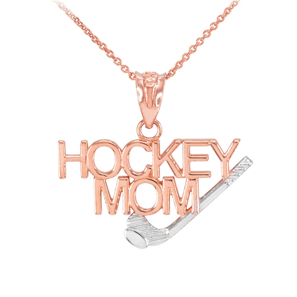10k Two-Tone Rose & White Gold Hockey Mom Pendant Necklace - Perfect Gift for Hockey Moms, Sports Enthusiasts & Team Spirit - Game Day Jewelry for Players, Coaches & Fans