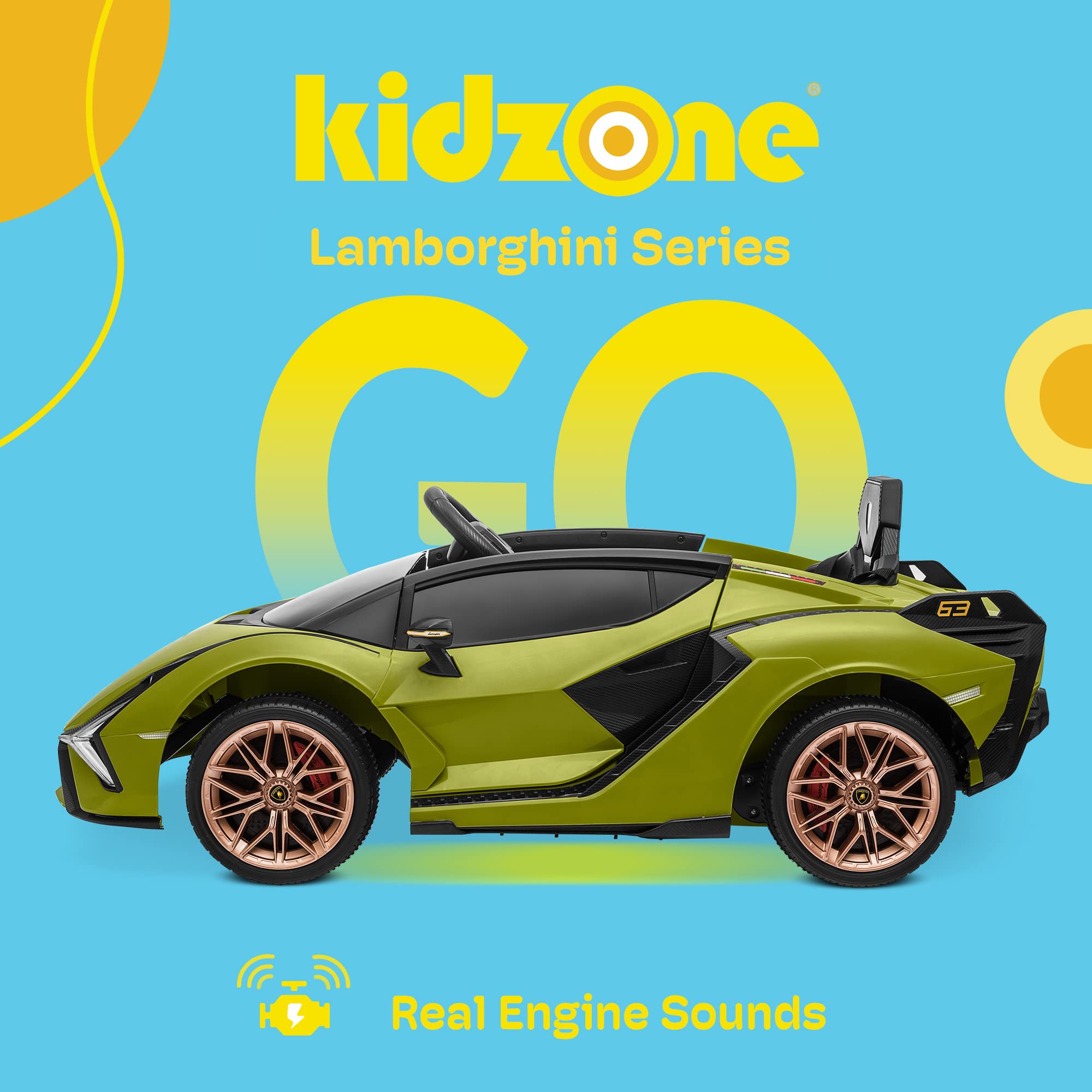 Kidzone Kids 12V Electric Ride-On Lamborghini Sian Roadster Toy Car with Remote Control, Suspension Wheels, LED Lights & Music - Green/Gold | Licensed Motorized Vehicle for Boys & Girls | Outdoor Play, Birthday Gifts, Backyard Fun