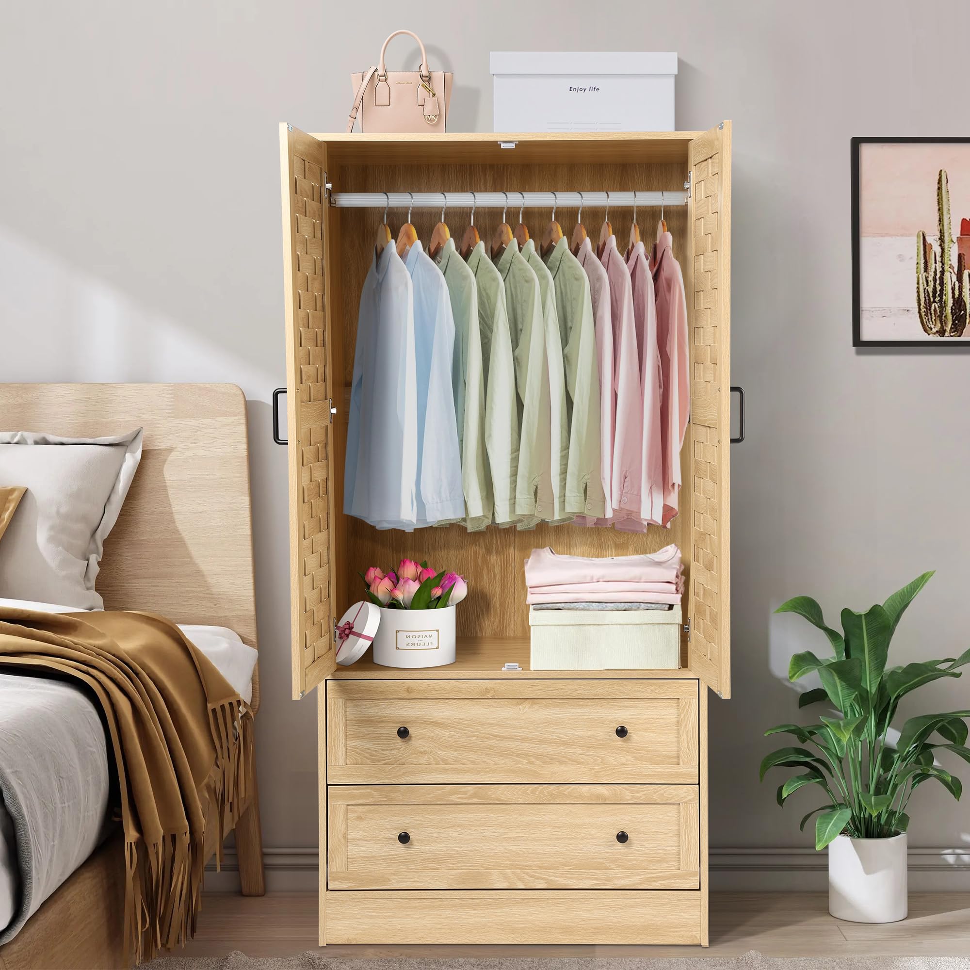 LEVNARY Wooden Armoire Wardrobe Closet - Freestanding Storage Cabinet with 2 Woven Doors, 2 Drawers & Hanging Rail for Bedroom Organization (Natural Finish) | Perfect for Small Spaces, Guest Rooms & Closet Storage Solutions