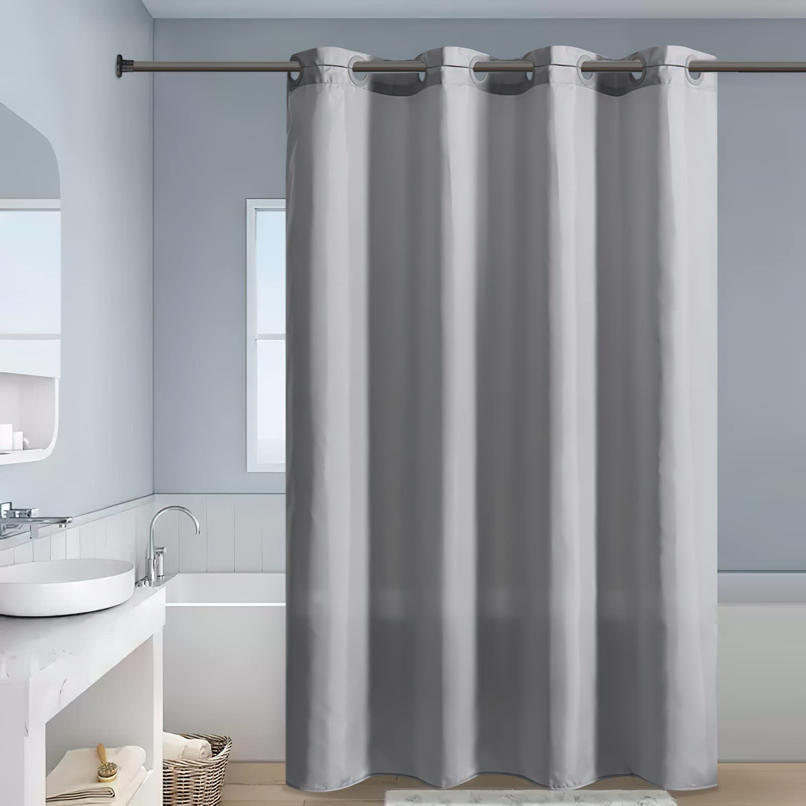 Furlinic No Hook Stall Shower Curtain - Small Narrow Fabric Bathroom Curtain with 6 Split Grommets, Waterproof & Machine Washable, Luxury Hotel Style, Light Grey, Half Size 48x72 Inch - Perfect for Small Bathrooms, Apartments, and RVs