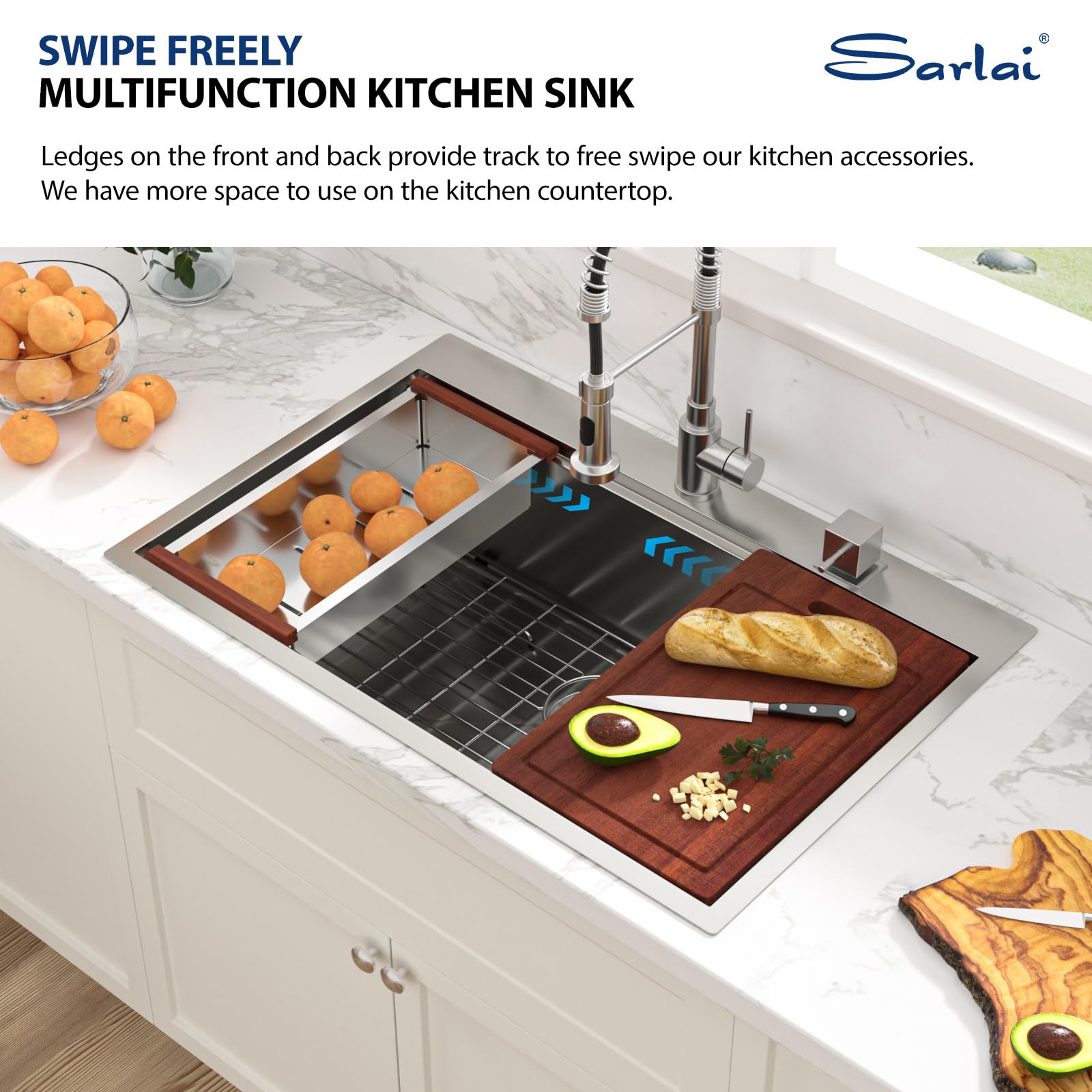 Sarlai 33x22 Inch Drop-In Kitchen Sink - 16 Gauge Stainless Steel Single Bowl Topmount Sink with Ledge Workstation, Deep Basin & Rounded Corners - Perfect for Modern Kitchens, Food Prep & Dishwashing
