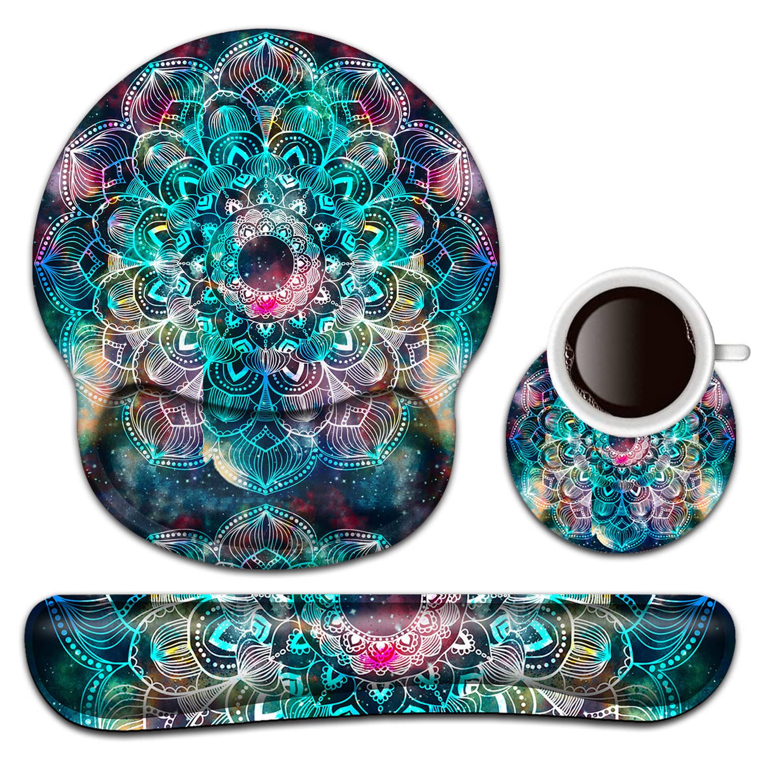 Ergonomic Keyboard Wrist Rest & Mouse Pad Set with Memory Foam Support - Comfortable Lightweight Design for Pain Relief During Typing & Gaming - Mandala Floral Galaxy Pattern - Perfect for Office, Home & Gaming Setup