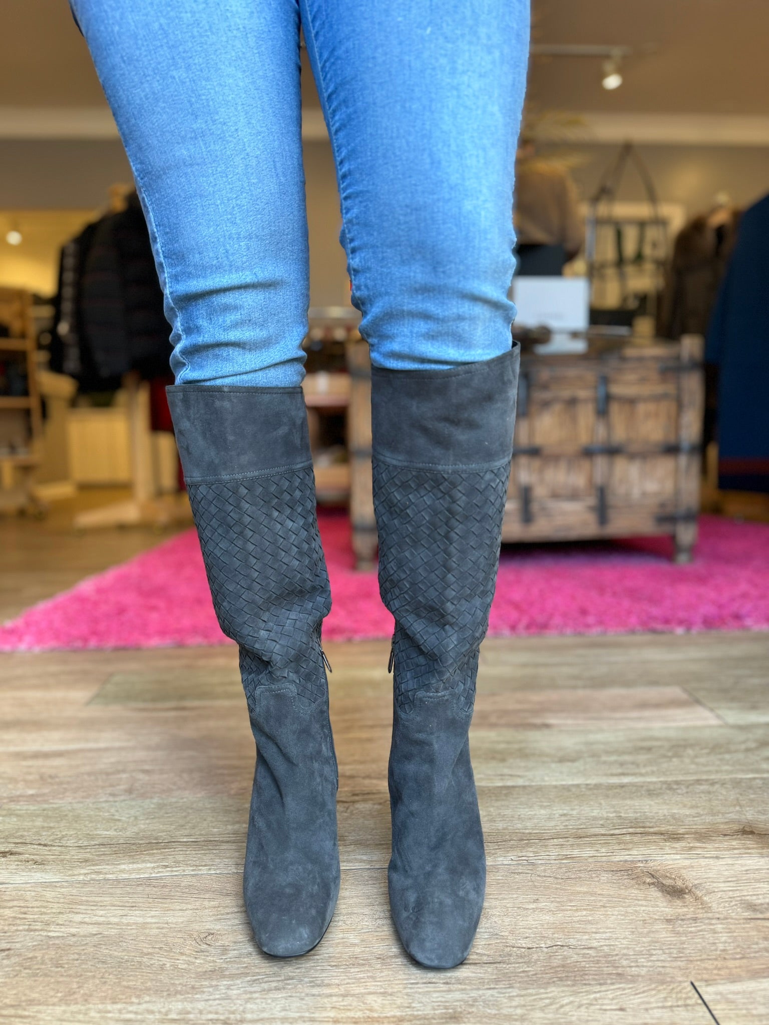 BOTTEGA VENETA Women's Intrecciato Woven Suede Knee High Boots Size 7.5 | Luxury Italian Leather Booties for Fall Winter | Perfect for Office, Date Night & Evening Events