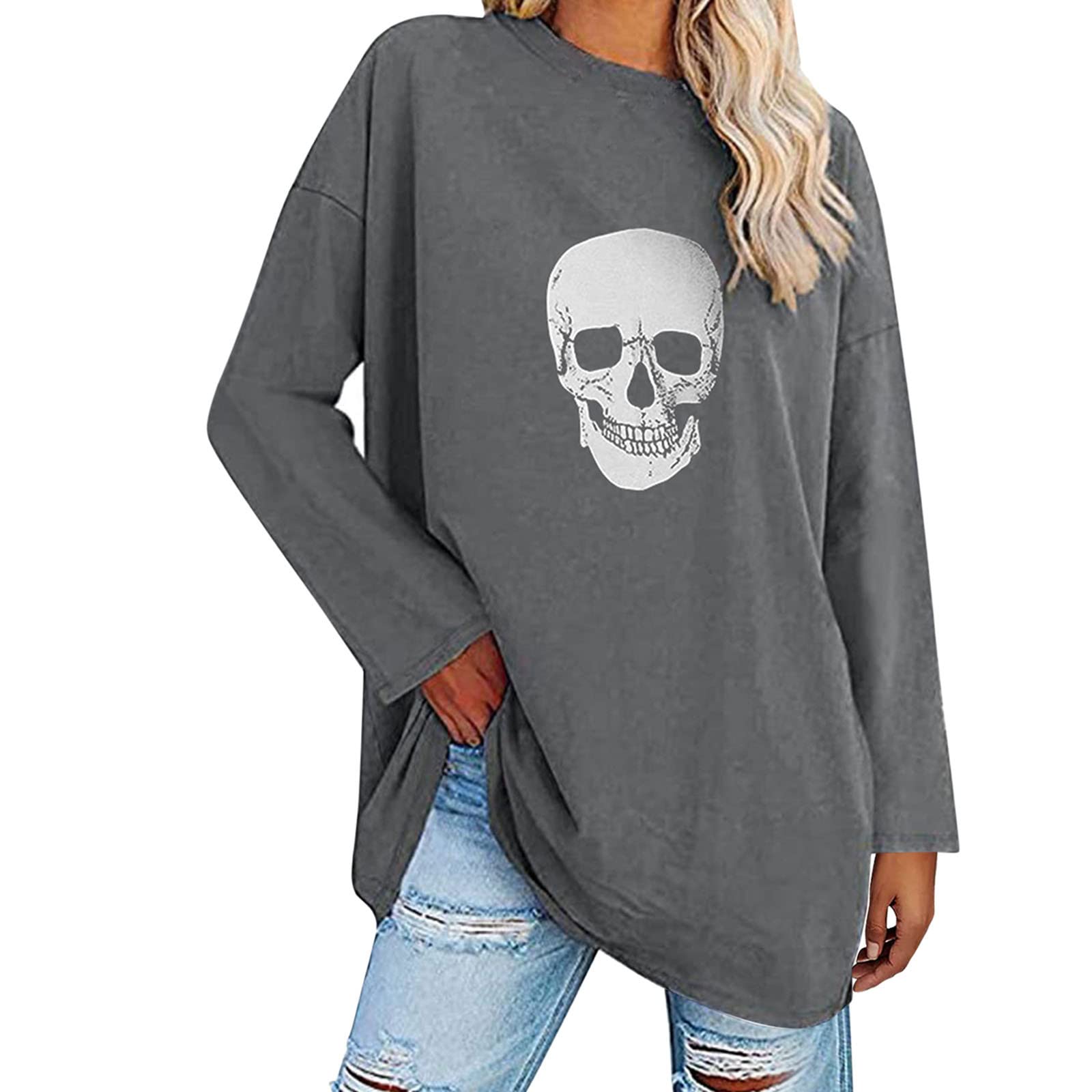 **Vintage Skull Halloween Oversized T-Shirt for Women - Long Sleeve Harajuku Casual Pullover Tee - Soft & Flowy Fit for Parties, Cosplay & Everyday Wear**