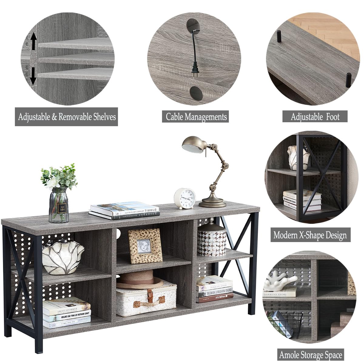 LVB 63 Inch TV Stand for 75 Inch TVs - Modern Rustic Wood & Industrial Metal Entertainment Center with Storage Cabinet - Light Gray Oak Media Console for Living Room & Bedroom | Perfect for Home Theater Setup & Living Space Organization
