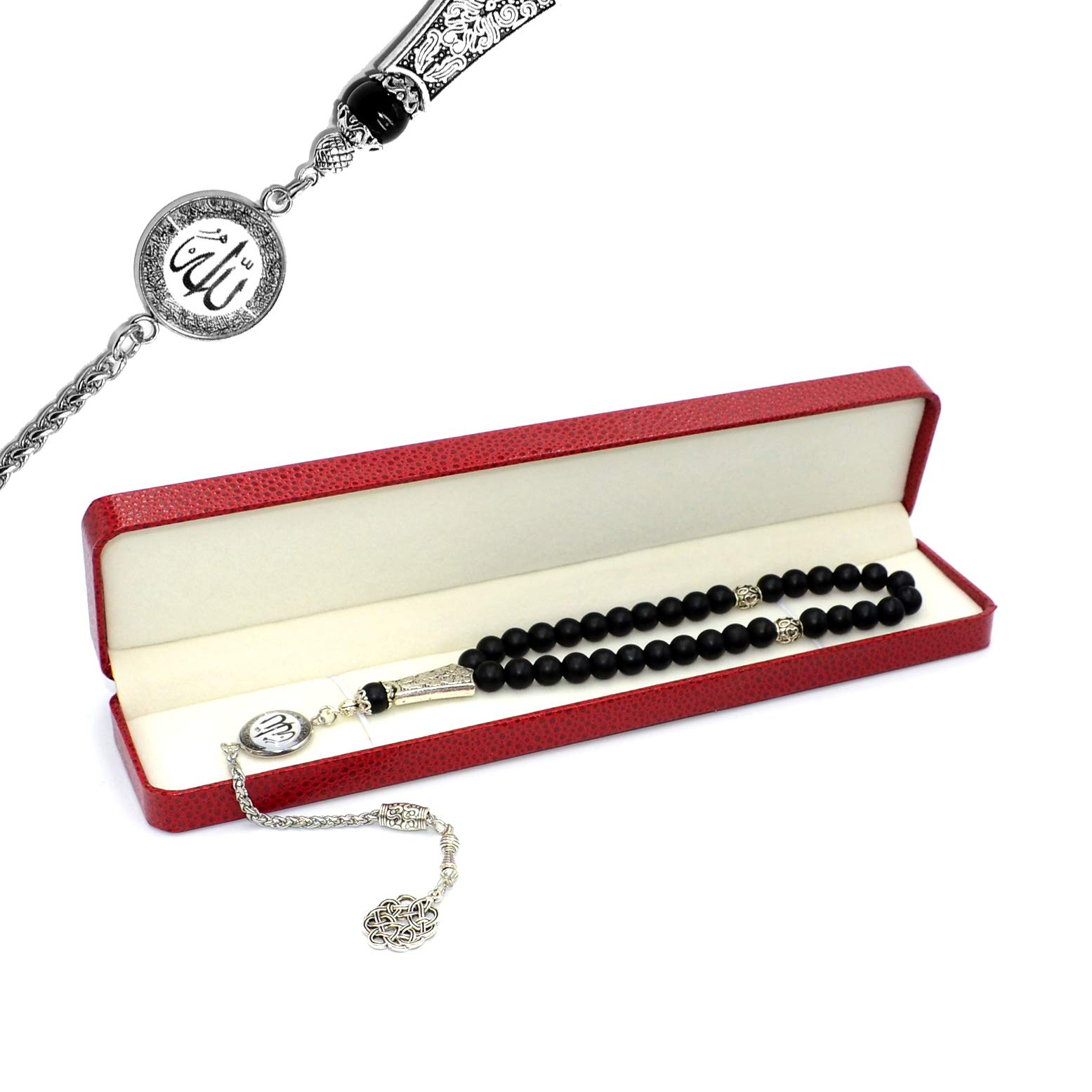 Premium Allah Tassel Worry Beads - 8mm Black Agate Stone Prayer Beads (33 Beads) - Islamic Tasbih, Misbaha, Rosary for Meditation, Stress Relief & Spiritual Practice