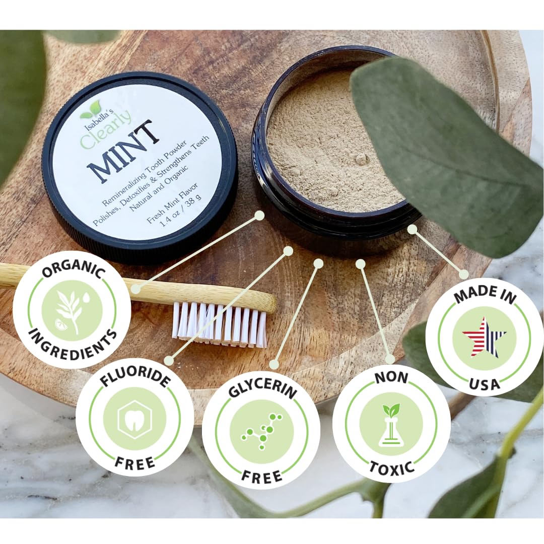 Isabella’s Clearly Remineralizing Tooth Powder - Natural Teeth Whitening Fluoride-Free Toothpaste with Xylitol, Baking Soda & Bentonite Clay for Adults & Kids - Mint Flavor for Sensitive Gums | Ideal for Daily Oral Care & Brightening Smiles