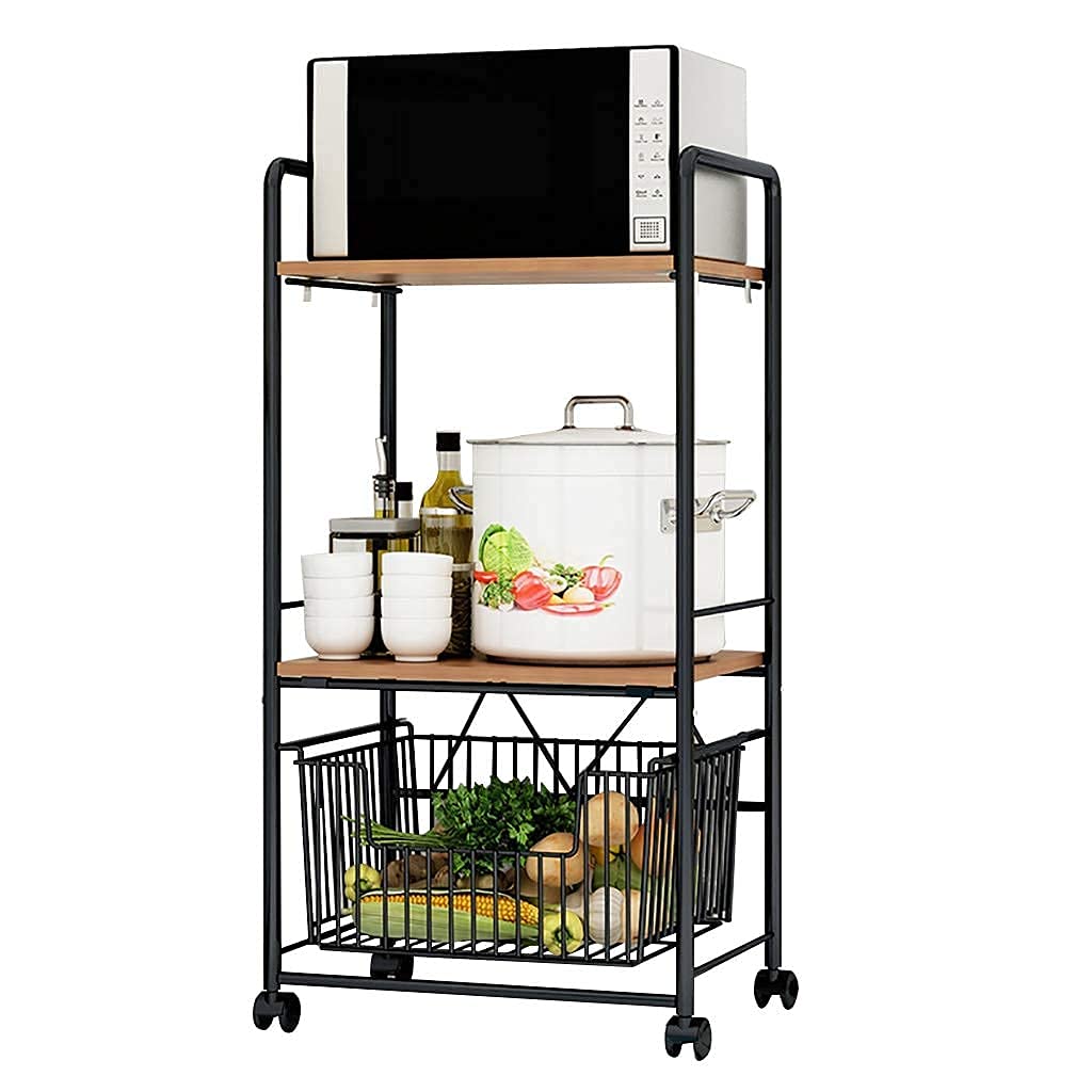 3-Tier Rolling Kitchen Baker’s Rack with Microwave Stand & Storage Drawer | Heavy Duty Wire Shelf Organizer for Spices, Cookware & Small Appliances | Perfect for Small Kitchens, Pantry Organization & Baking Workstations