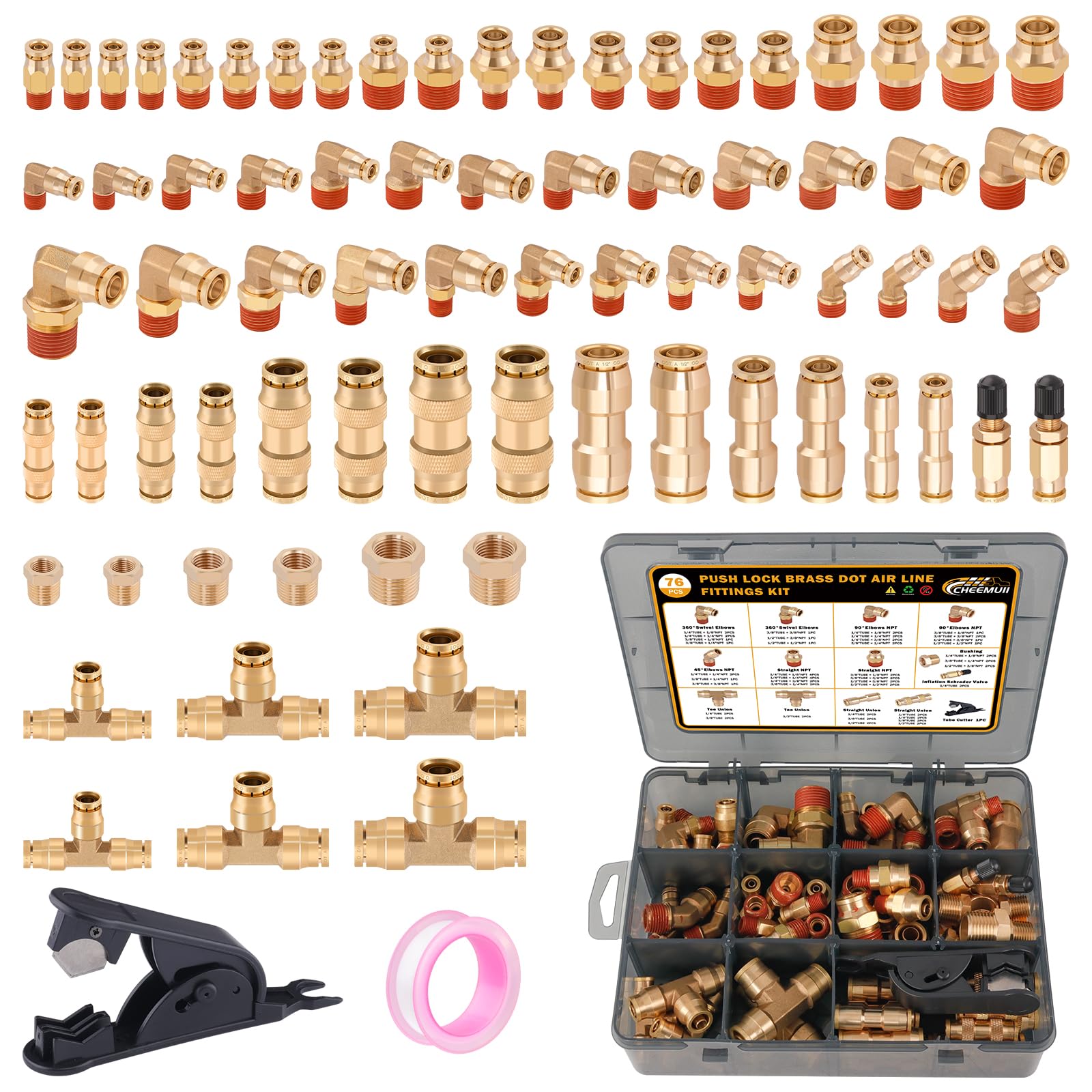CheeMuii 76 Pcs Brass DOT Air Line Fittings Kit - Push Lock & Quick Connect Air Hose Fittings with NPT Thread - Compatible with Pneumatic Tubing for Air Compressors, HVAC Systems & Industrial Applications