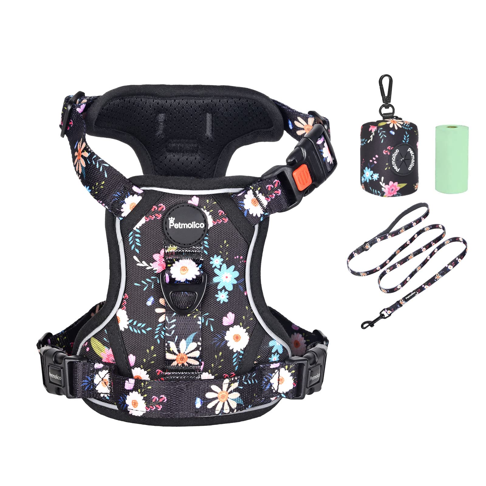 Petmolico No Pull Dog Harness Set with Leash - Reflective Adjustable Vest for Small Dogs & Puppies, Easy Control Handle & Poop Bag Holder - Floral Design for Safe Walks & Outdoor Adventures