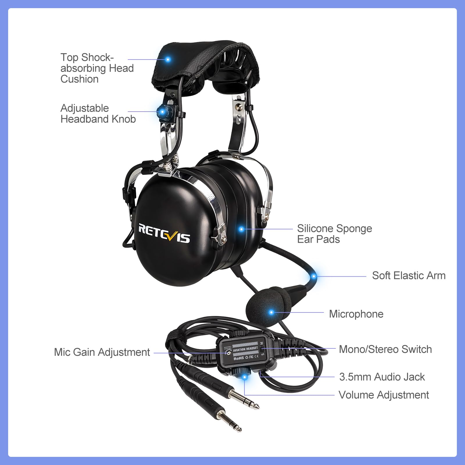 Retevis EHG001 Aviation Pilot Headset with Noise Reduction, Adjustable Headband & Gel Ear Seals - Mono/Stereo 3.5mm Jack - Includes Carrying Bag - Perfect for Student Pilots, Flight Training & Backseat Passengers (1 Pack) - Ideal for Flight Schools, Private Planes & General Aviation Use
