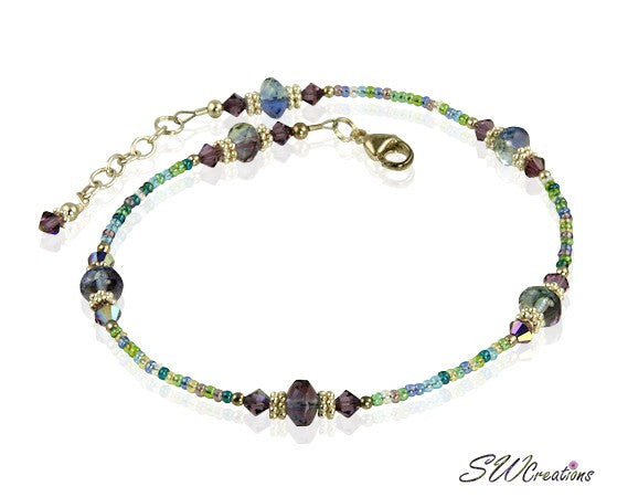 Violet Blue Green Crystal Beaded Anklet Bracelet for Women - Elegant Bohemian Ankle Jewelry for Summer, Beach, Wedding & Festival Outfits