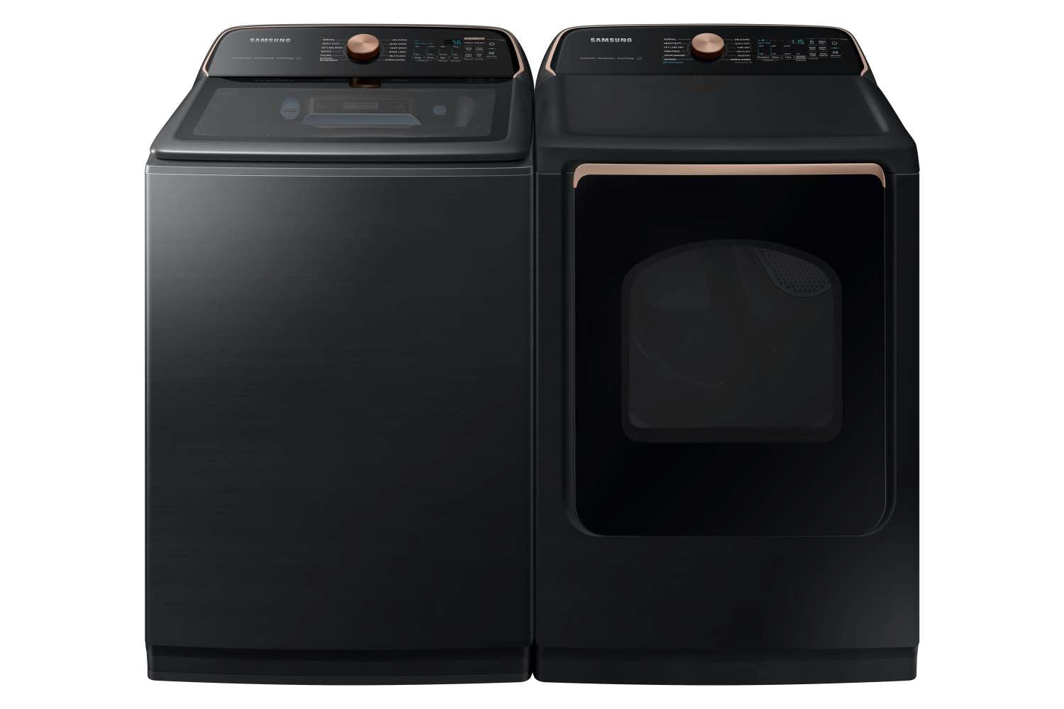 Samsung 6.2 cu.ft Ultra Capacity Black Stainless Steel Top Load Washer & 7.4 cu.ft Smart Electric Dryer Set with Pet Care - WA54CG7550AVA4/DVE54CG7550VAC - Perfect for Large Families & Pet Owners