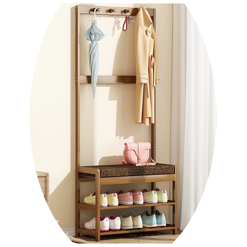 GXFWJD 4-in-1 Wooden Coat Rack & Shoe Bench - Freestanding Entryway Hall Tree with 2-Tier Storage Shelf & Hanger Hooks (60x27x148cm) - Easy Assembly for Home, Office, or Apartment Organization