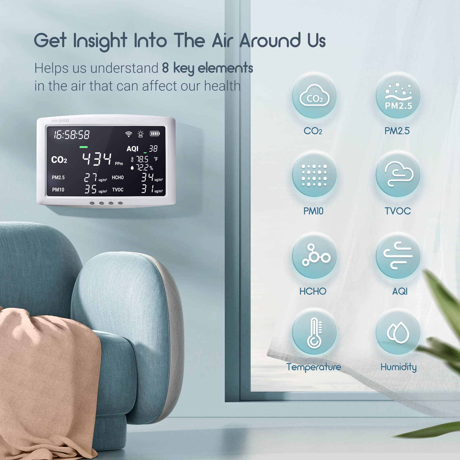 8-in-1 Wireless Air Quality Monitor IAQM 128W - Indoor Air Pollution Detector for Home, Office & Baby Room - Measures PM2.5, CO2, Temperature & Humidity