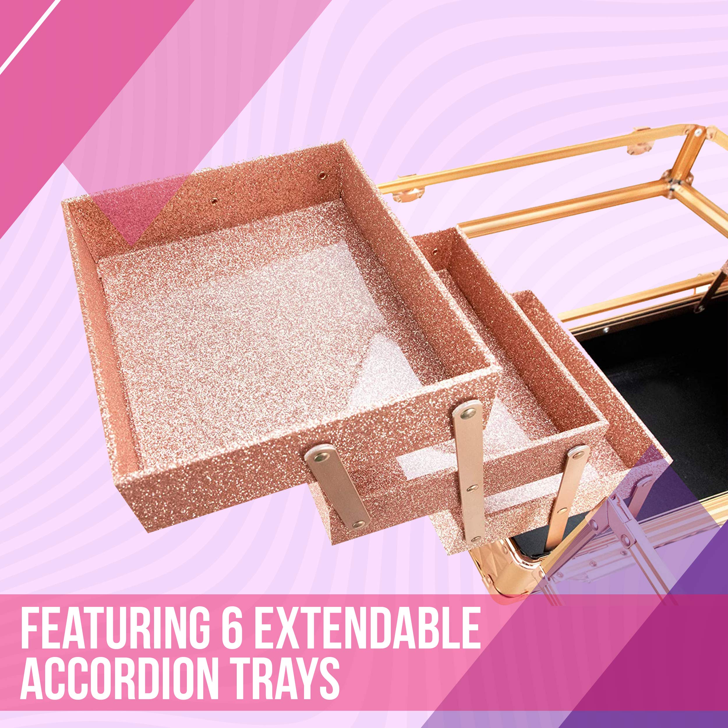 Ver Beauty Professional Jewelry & Makeup Organizer - 3.8mm Heavy Duty Acrylic Travel Case with 6 Extendable Trays & Keylocks (Rose Gold Diamond) - Perfect for Travel, Home Storage & Cosmetic Display