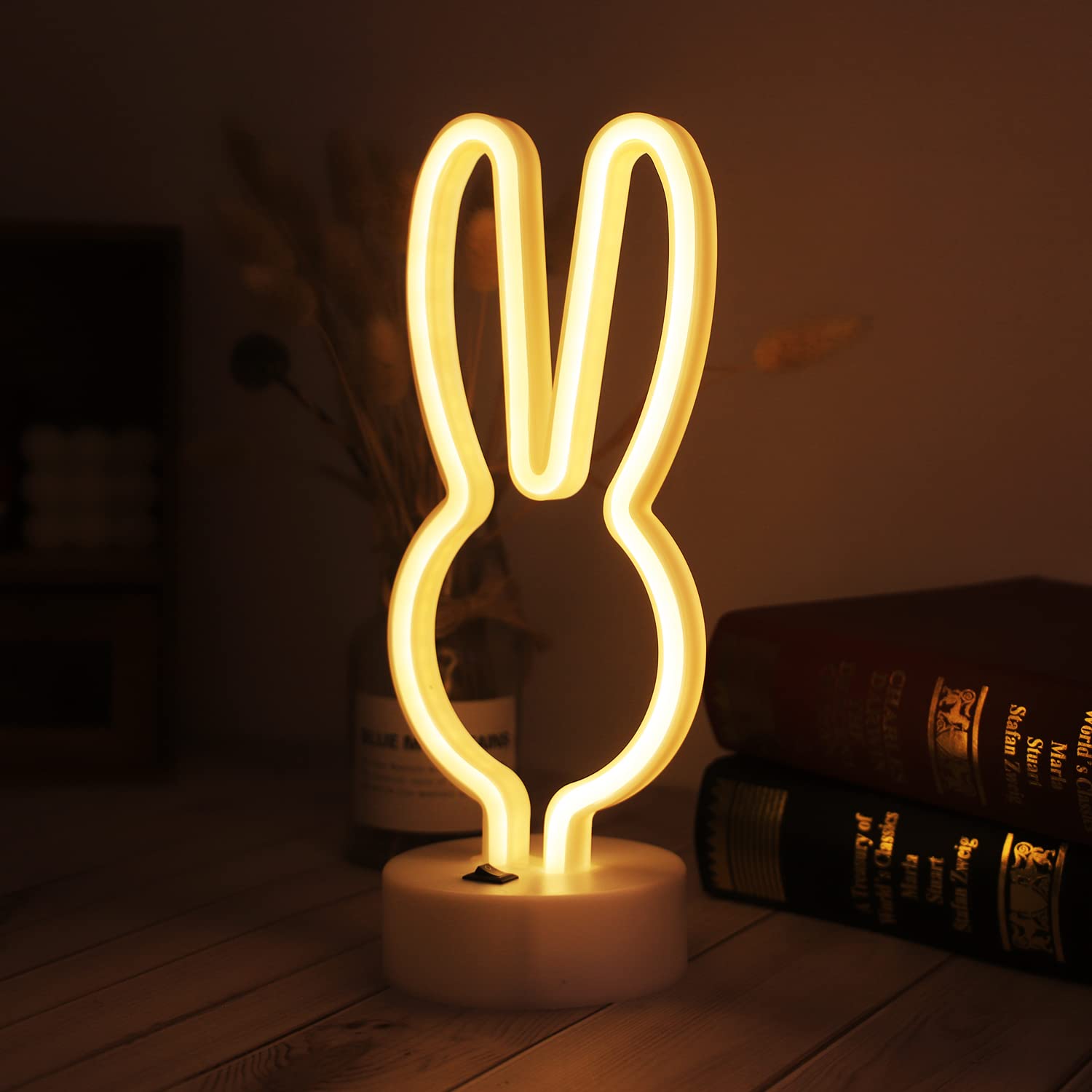 Easter Bunny Neon Sign with Base - Battery/USB Powered Rabbit Decor for Home, Nursery, Kids Room - Spring & Holiday Party Decorations (Warm White) - Perfect for Easter Celebrations, Bedroom Lighting, and Seasonal Home Decor