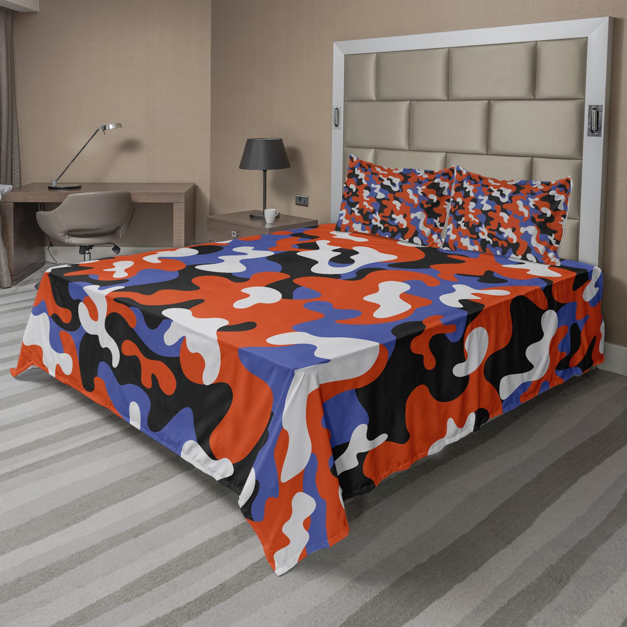 Ambesonne Camouflage Sheet Set - Abstract Paint Splashes Modern Art 4-Piece Bedding Set (King Size) in Vibrant Violet Blue & Vermilion - Fitted Sheet, Flat Sheet & Pillowcases - Perfect for Contemporary Bedrooms, Guest Rooms & Artistic Home Decor