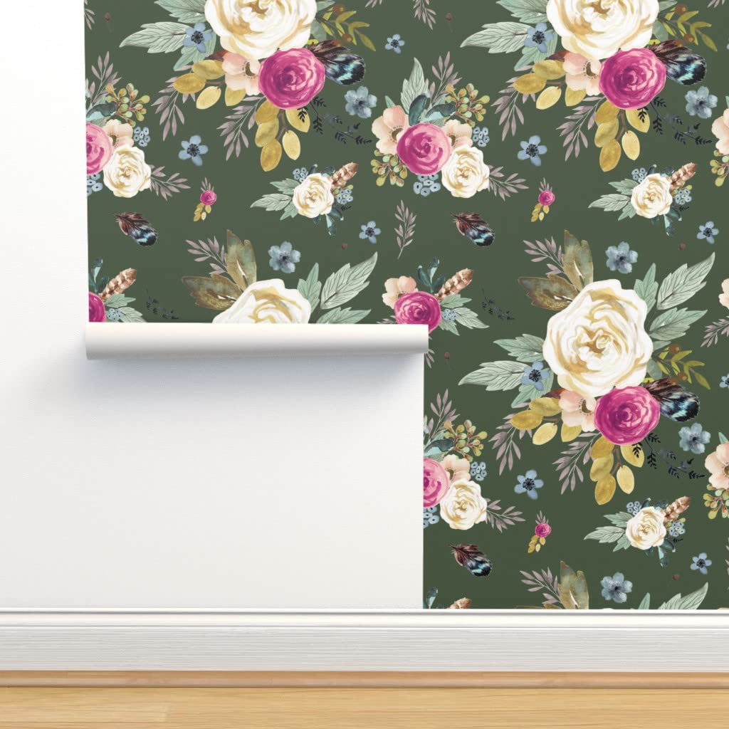 Commercial Grade Wallpaper Swatch - Western Autumn Mauve Floral Design with Olive Green Flowers | Boho Traditional Peel & Stick Wallpaper by Spoonflower | Perfect for Living Room, Bedroom, and Home Office Decor
