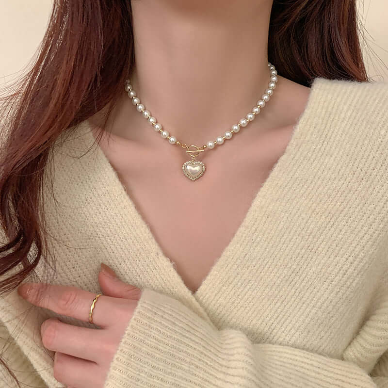 Elegant Heart Charm Pearl Beaded OT Necklace for Women | HN2013 | Perfect Gift for Valentine's Day, Anniversary & Special Occasions