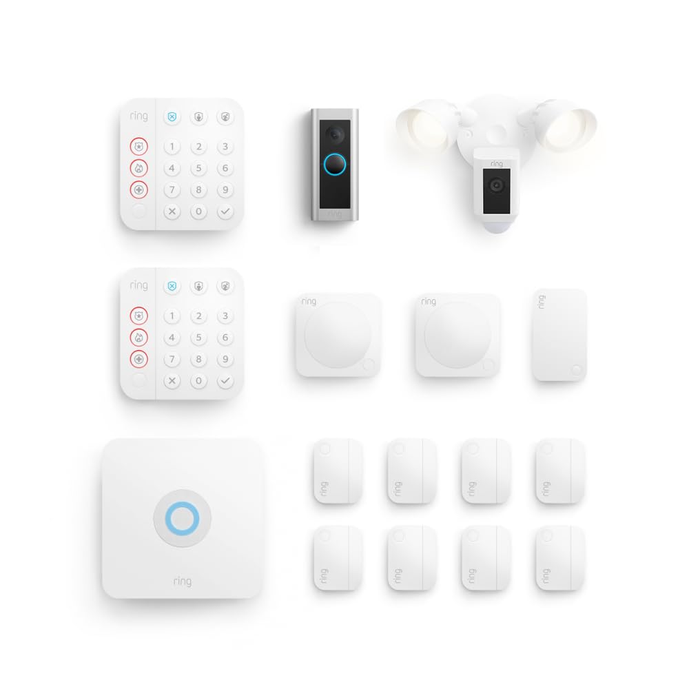 Ring Wired Video Doorbell Pro 2 with Floodlight Cam & 14-Piece Alarm Security System (White) - Smart Home Security for Front Door, Backyard & Whole House Protection