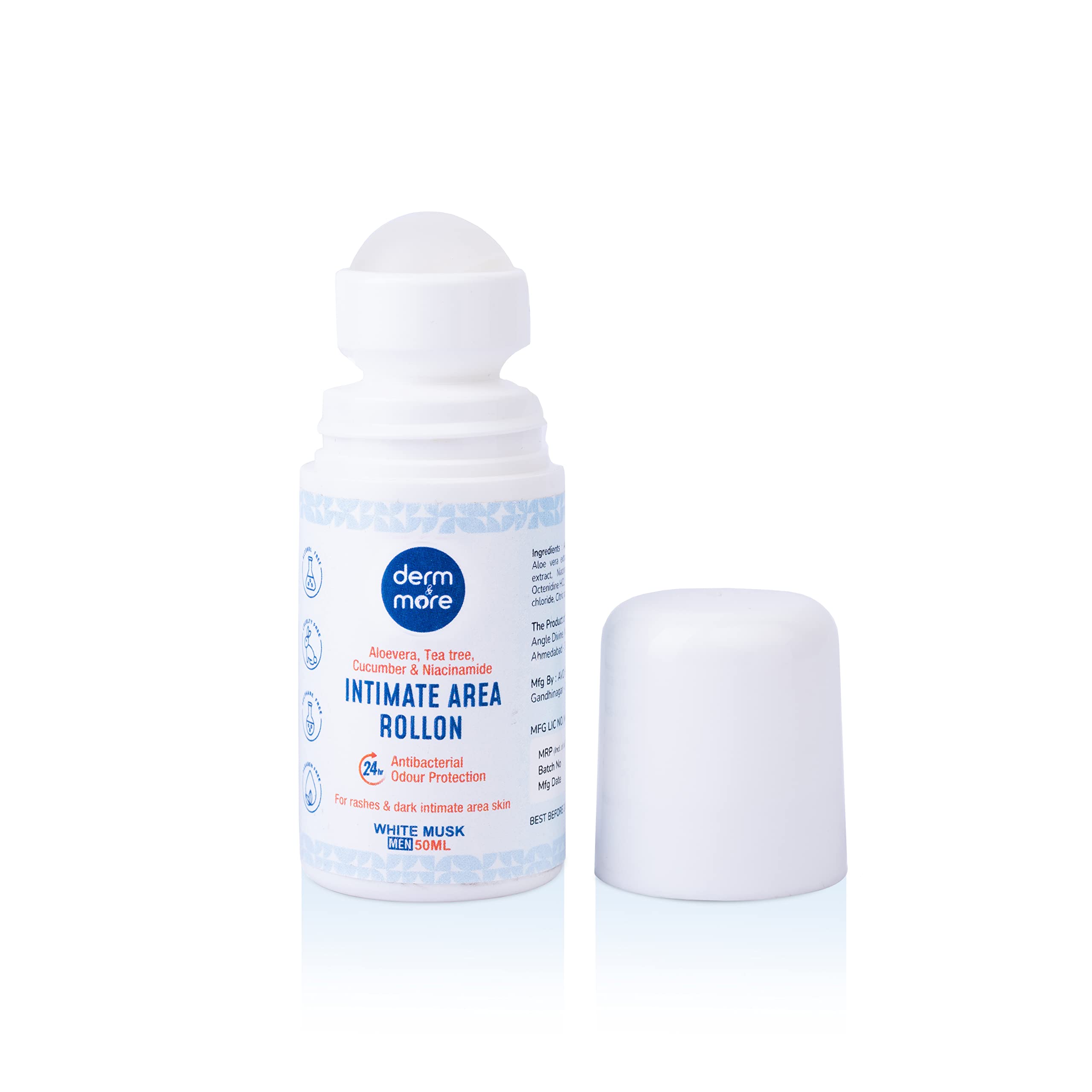 Derm & More Men's Intimate Roll-On Deodorant for Sensitive Skin - Cucumber & Aloe Vera Formula (50ml) - Fresh & Gentle Protection for Underarms & Intimate Areas - Ideal for Daily Use, Gym, Travel & Active Lifestyle